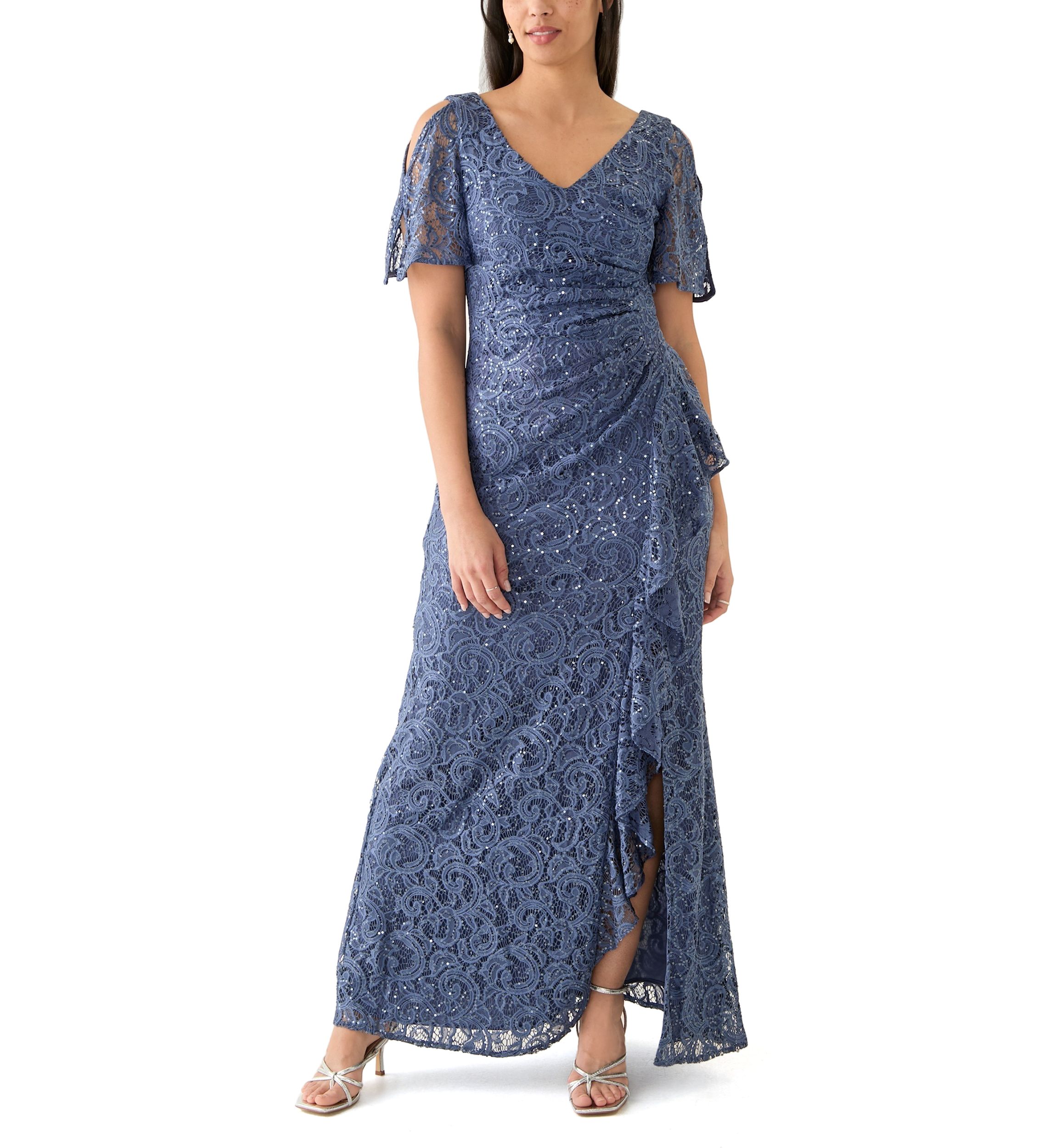Womens V-Neck Ruffle Lace Gown