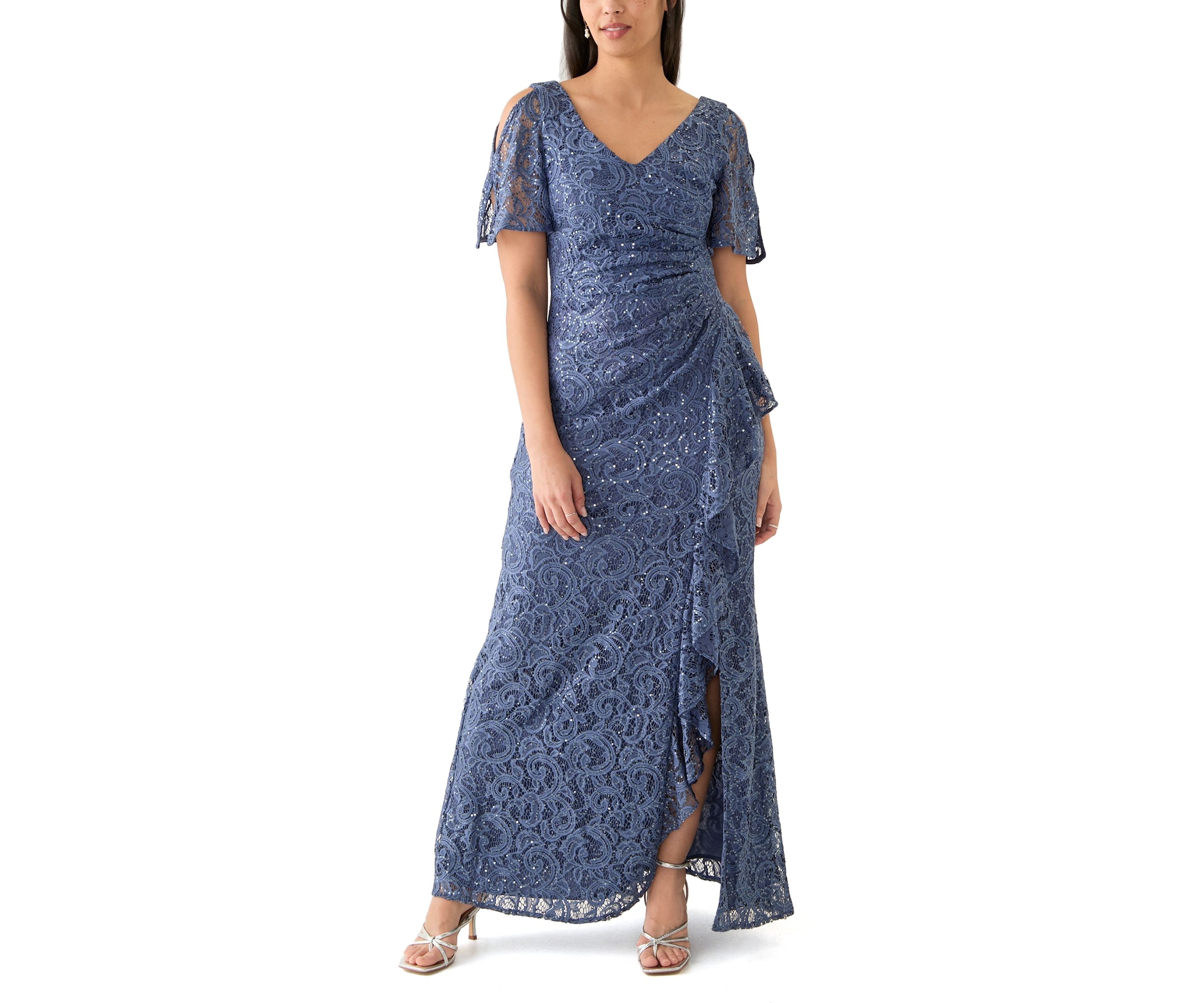 Womens V-Neck Ruffle Lace Gown