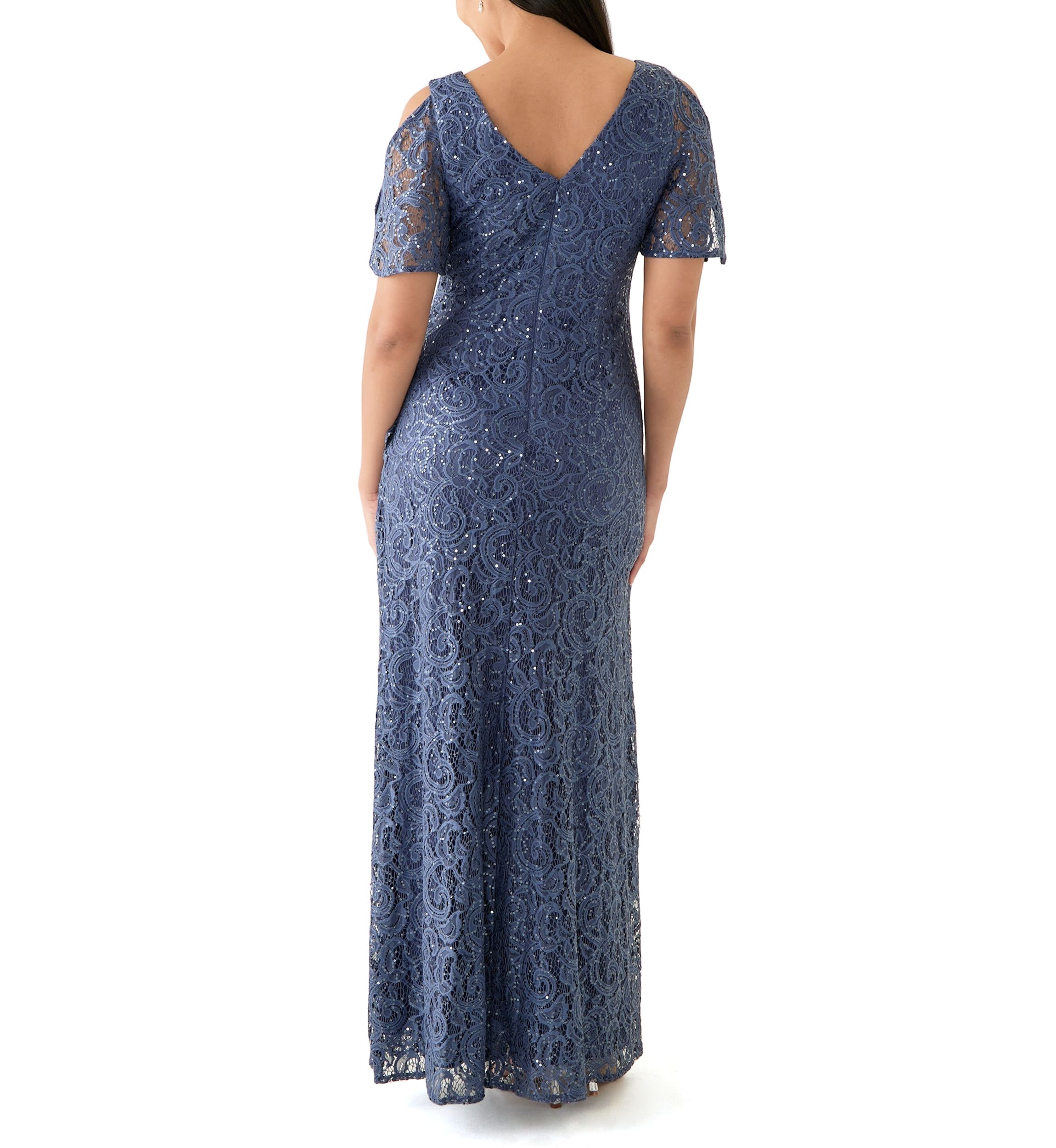 Womens V-Neck Ruffle Lace Gown