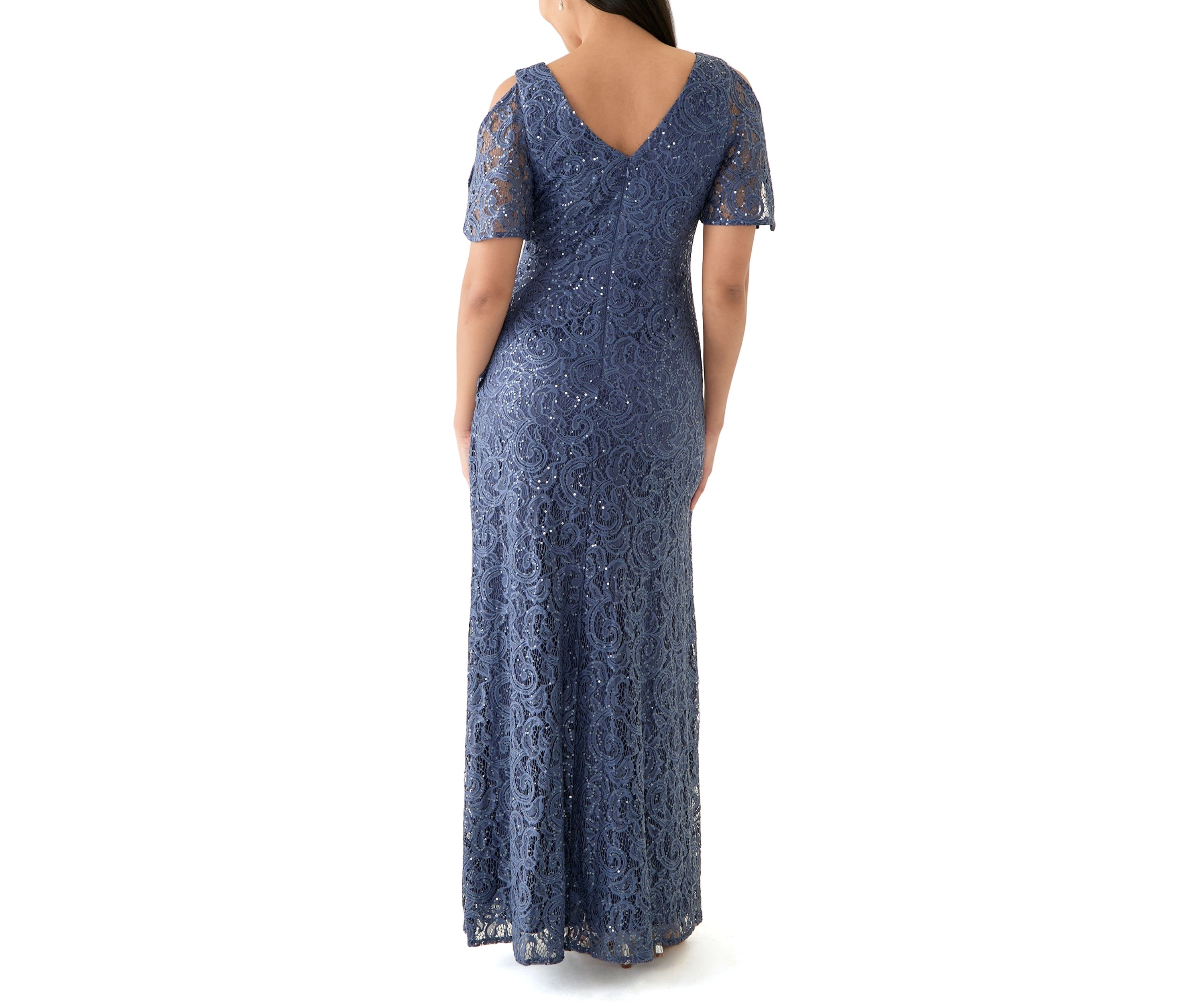 Womens V-Neck Ruffle Lace Gown