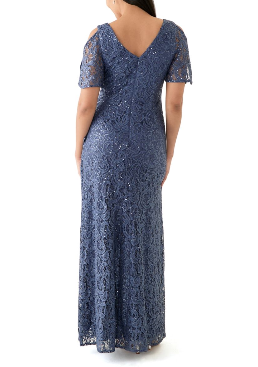 Womens V-Neck Ruffle Lace Gown