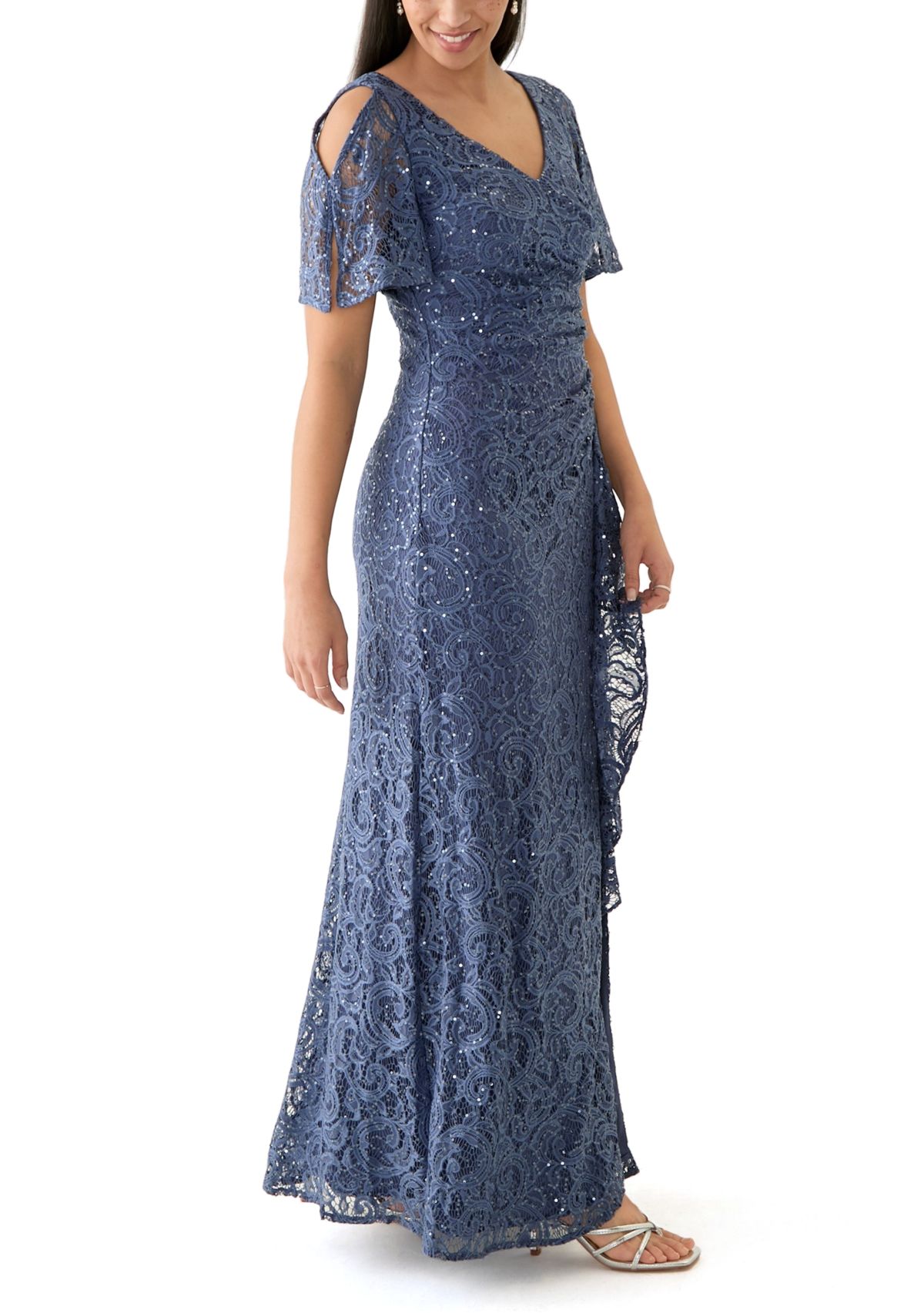Womens V-Neck Ruffle Lace Gown