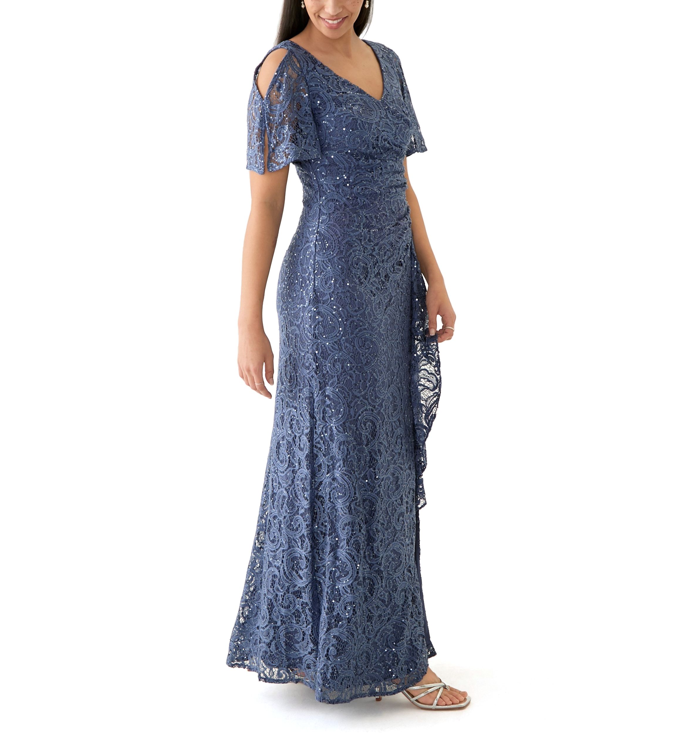 Womens V-Neck Ruffle Lace Gown