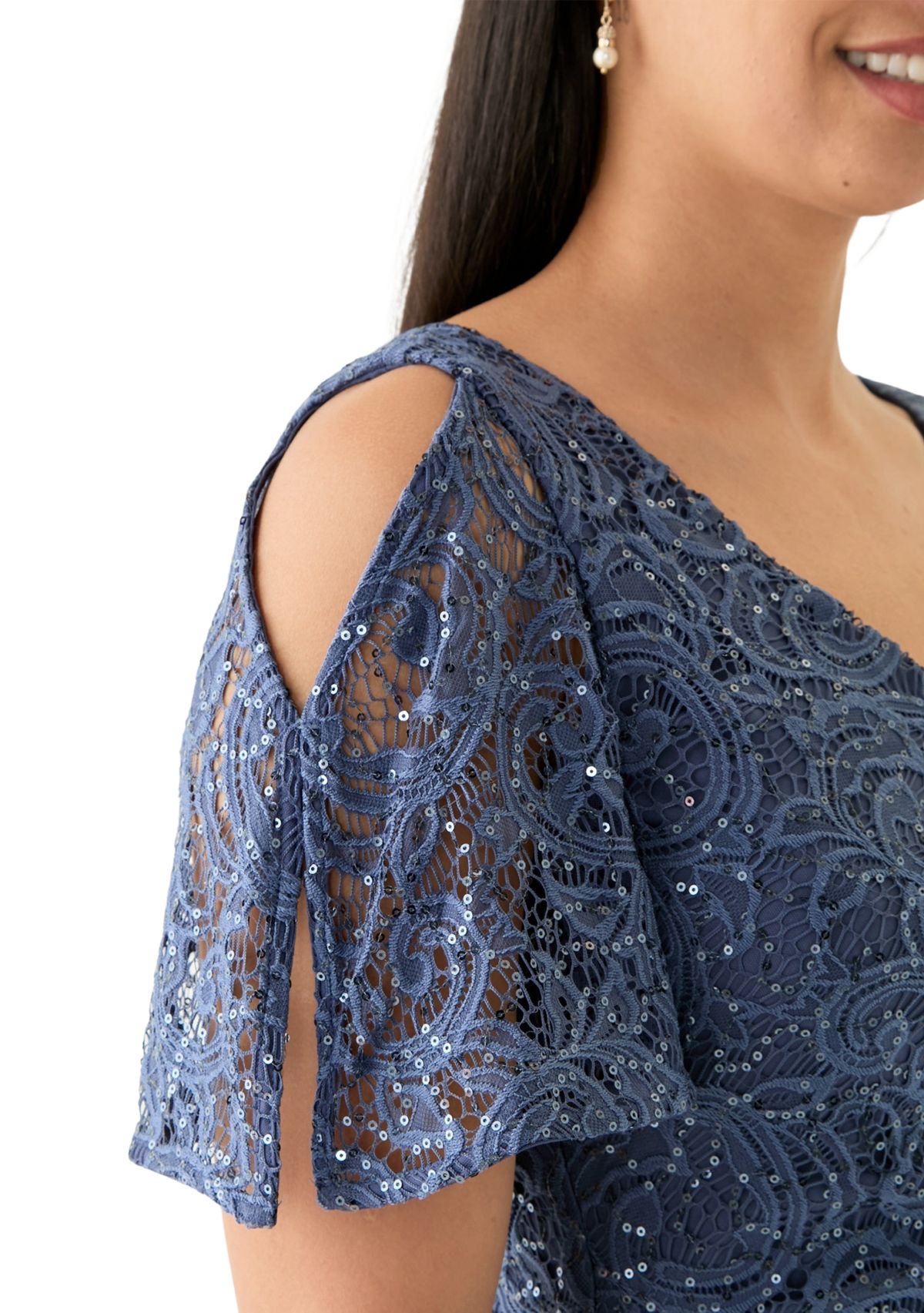 Womens V-Neck Ruffle Lace Gown