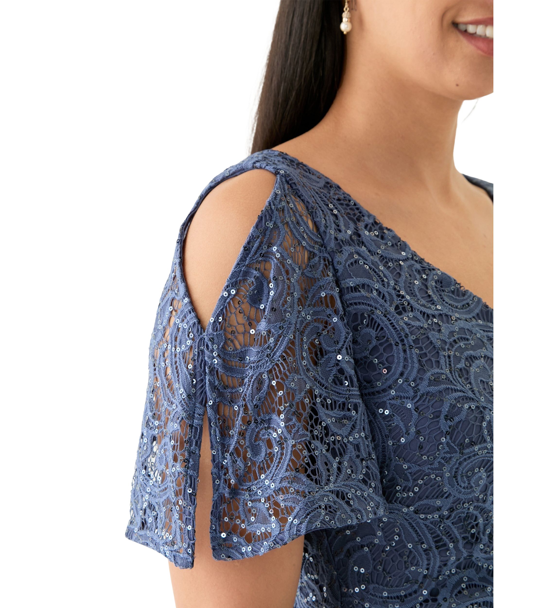 Womens V-Neck Ruffle Lace Gown