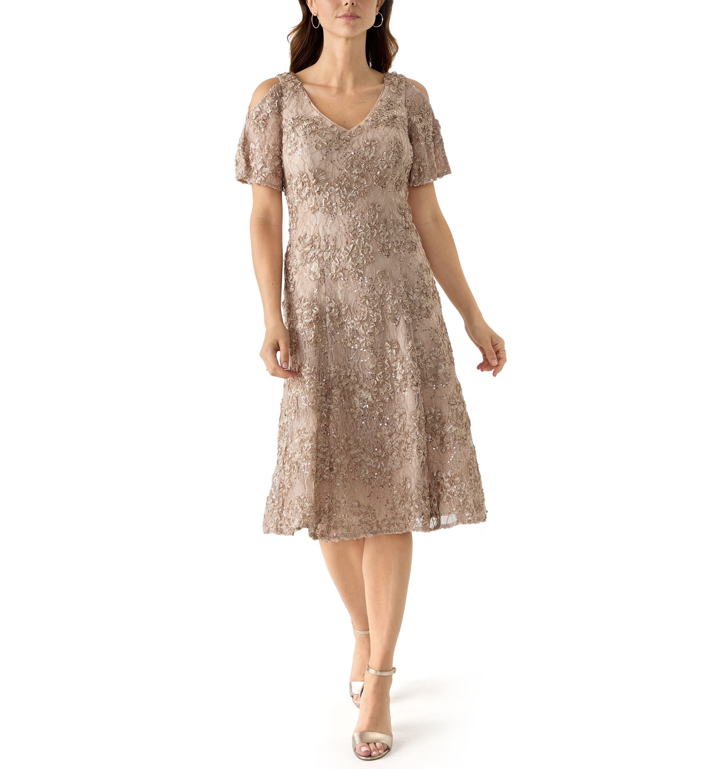 Womens Cold Shoulder Scoop Neck Lace A-Line Dress