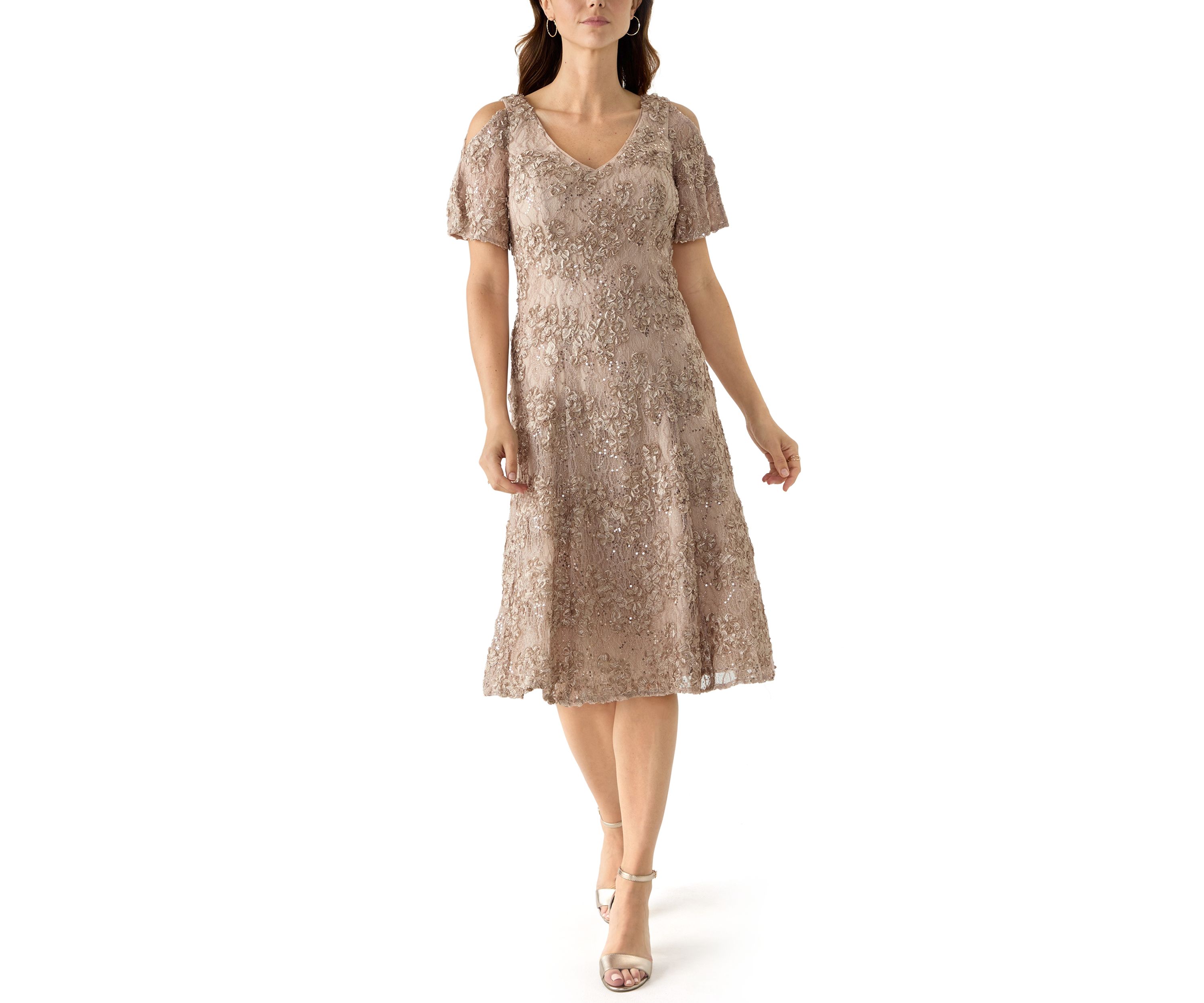 Womens Cold Shoulder Scoop Neck Lace A-Line Dress
