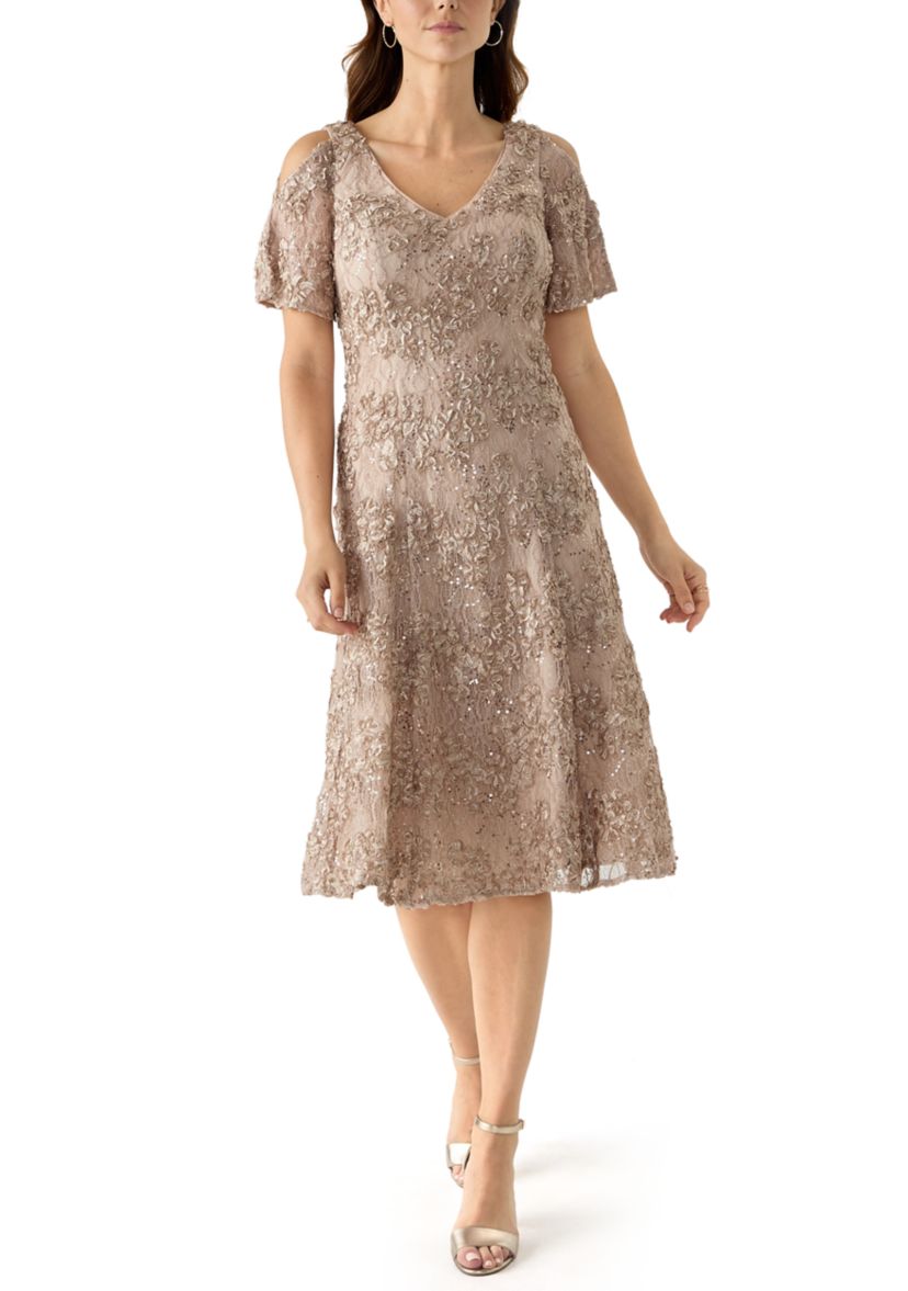 Womens Cold Shoulder Scoop Neck Lace A-Line Dress