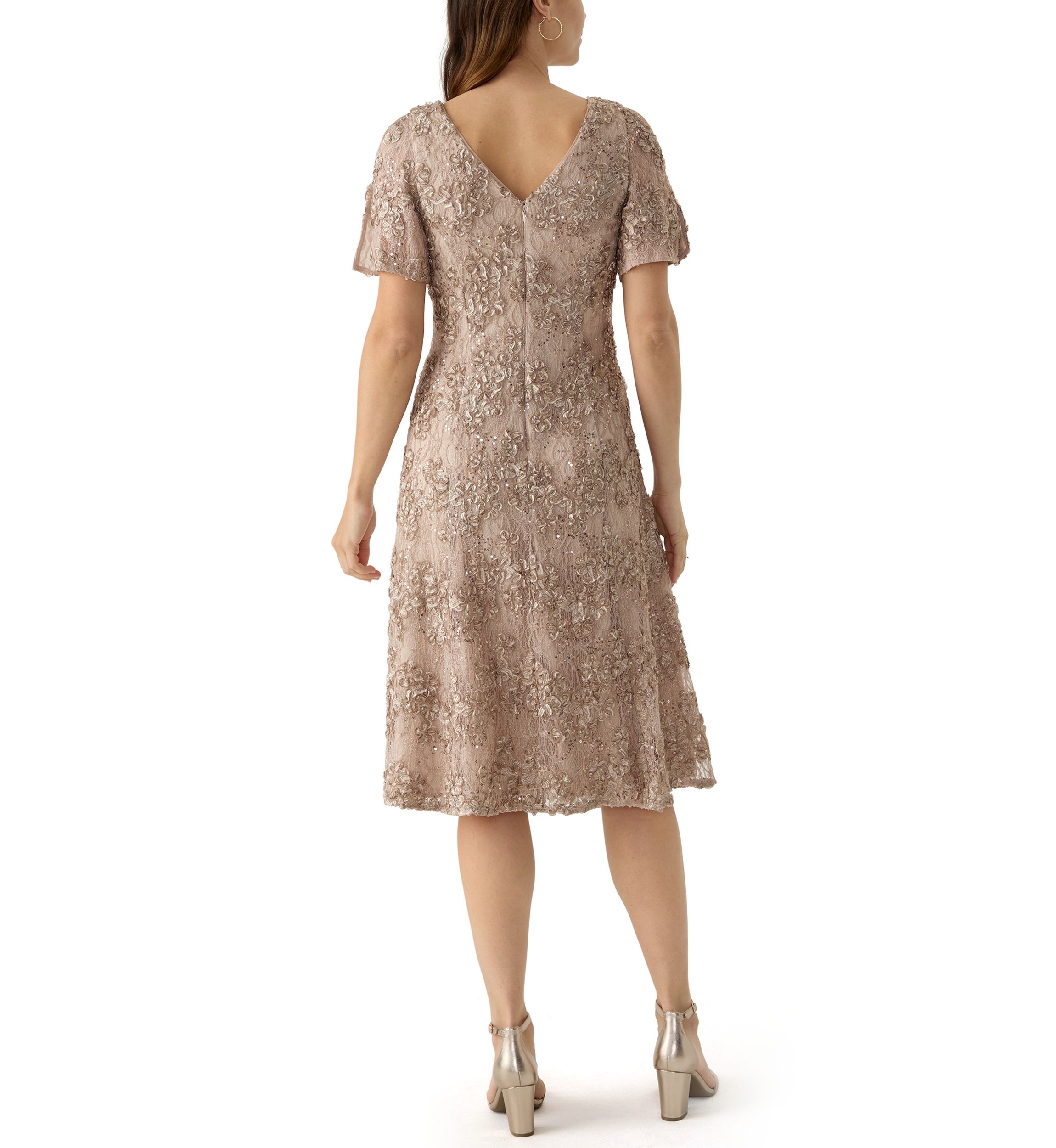 Womens Cold Shoulder Scoop Neck Lace A-Line Dress