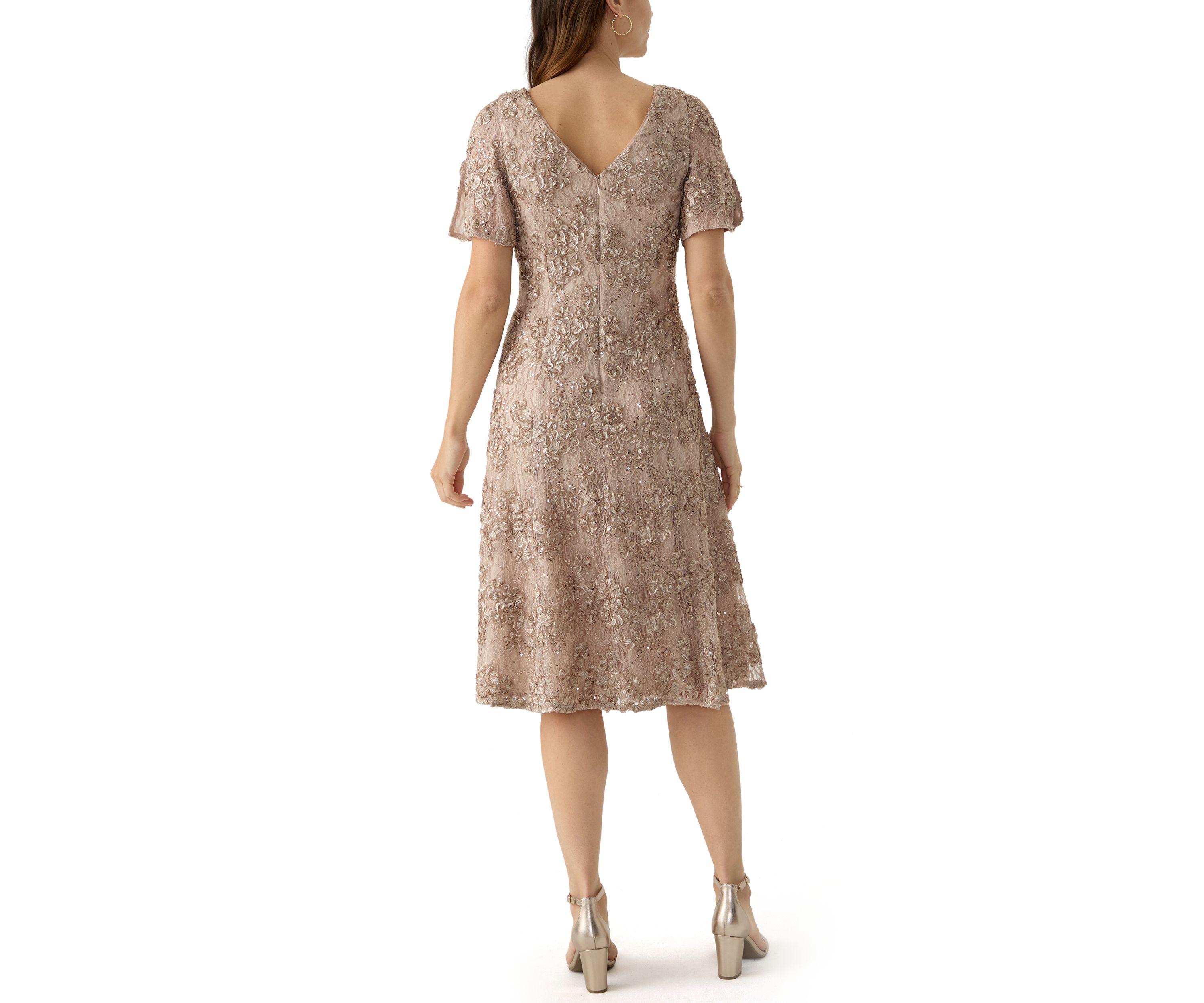 Womens Cold Shoulder Scoop Neck Lace A-Line Dress