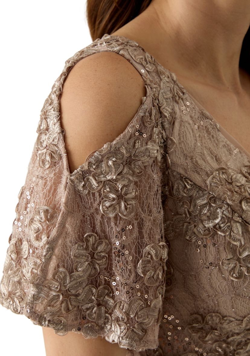 Womens Cold Shoulder Scoop Neck Lace A-Line Dress