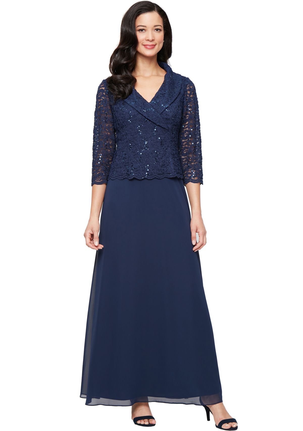 Womens Long Stretch Lace Mock Dress