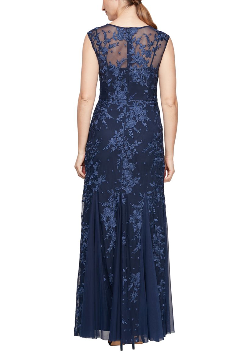 Alex Evenings Womens Embroidered Long Evening Dress Navy 14