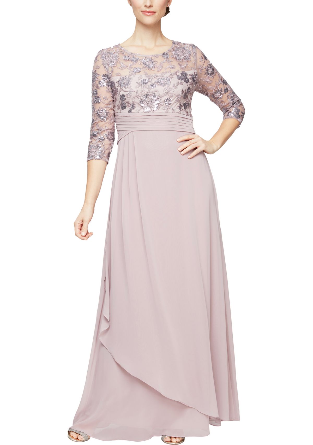 Long A-Line Dress with Embroidered Sequin Bodice 