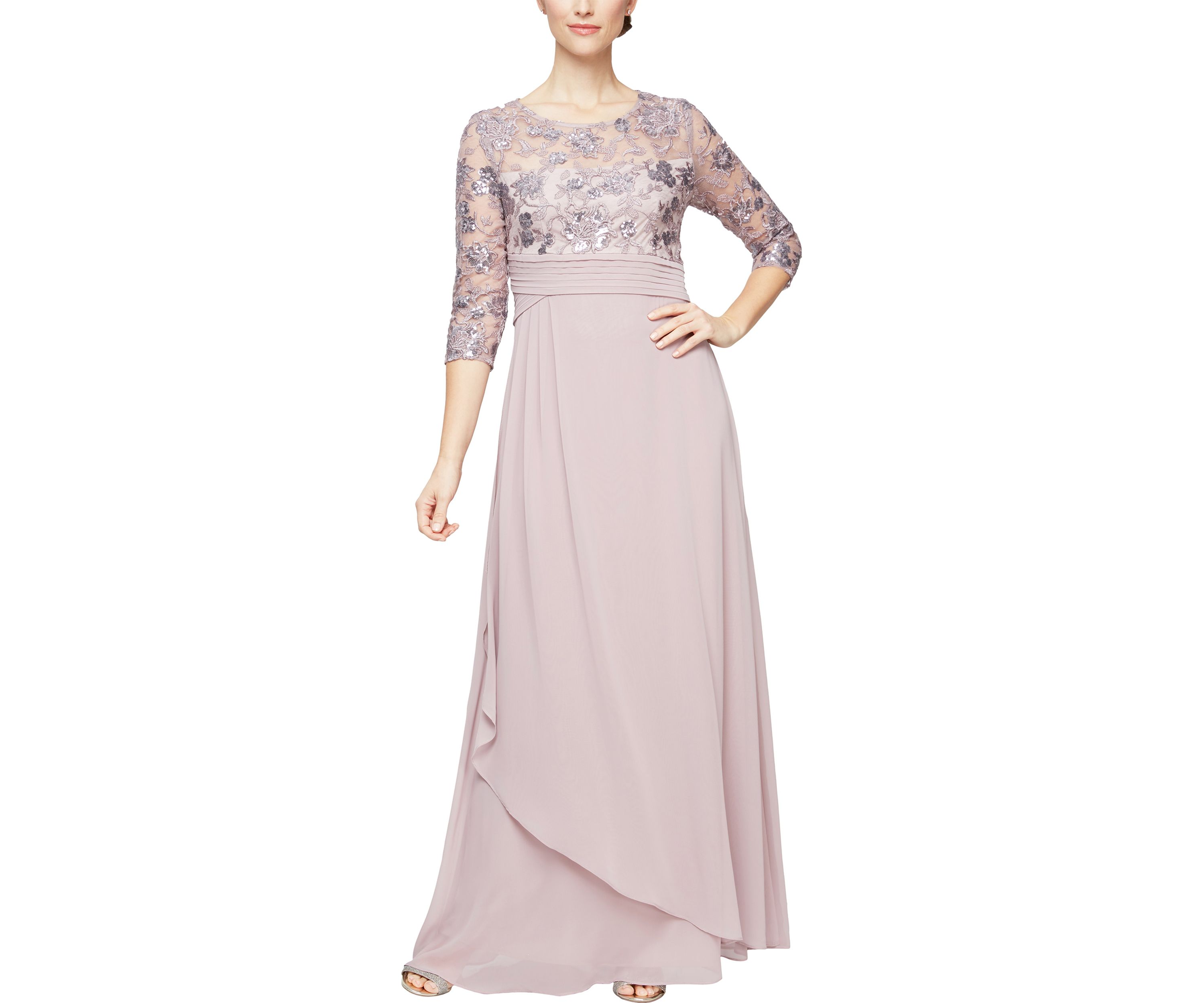 Long A-Line Dress with Embroidered Sequin Bodice 