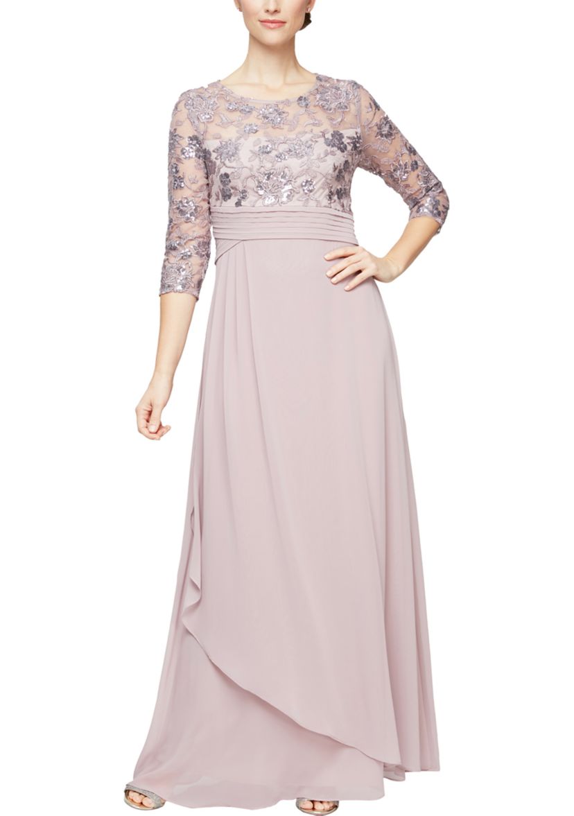 Long A-Line Dress with Embroidered Sequin Bodice 