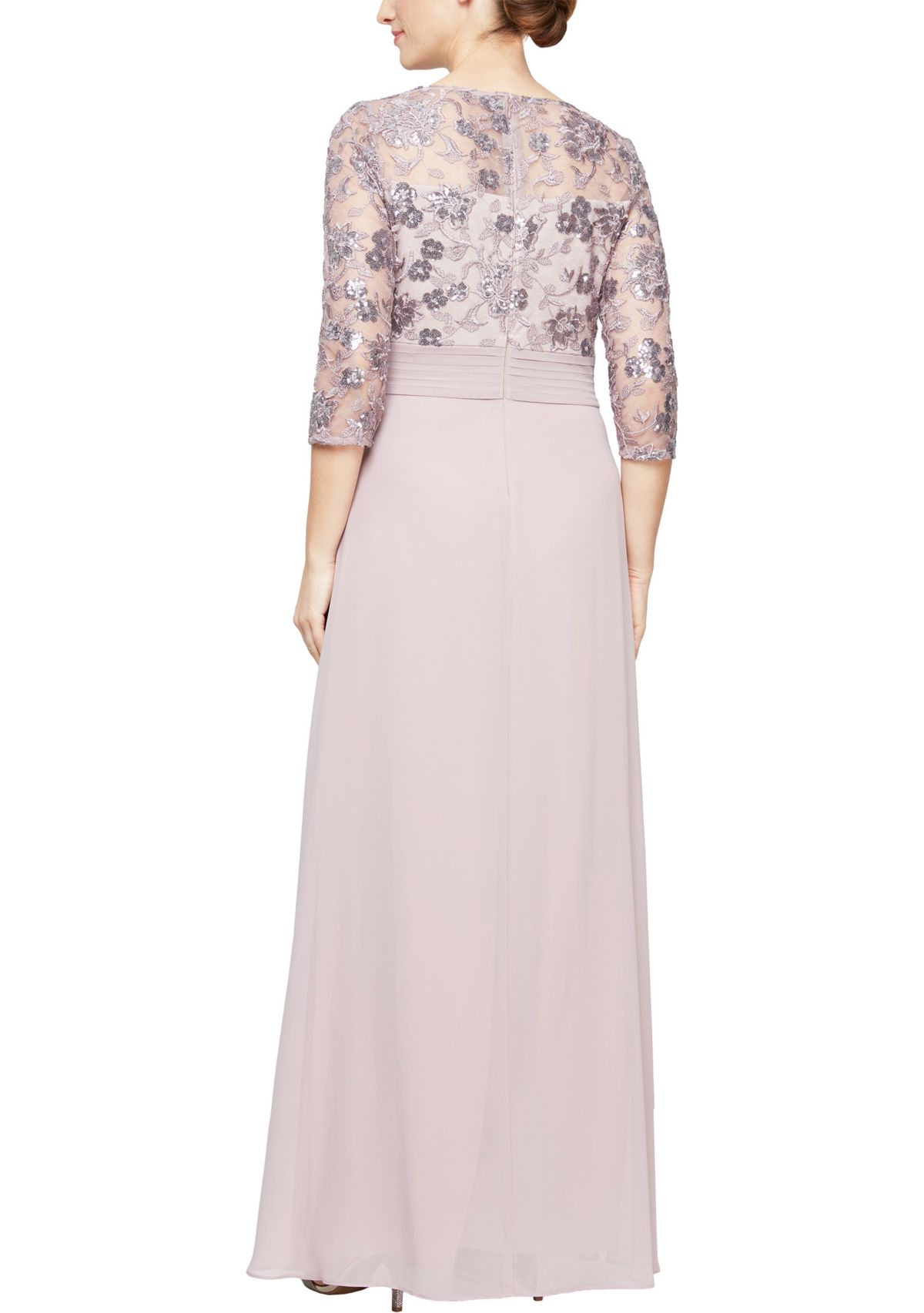 Long A-Line Dress with Embroidered Sequin Bodice 
