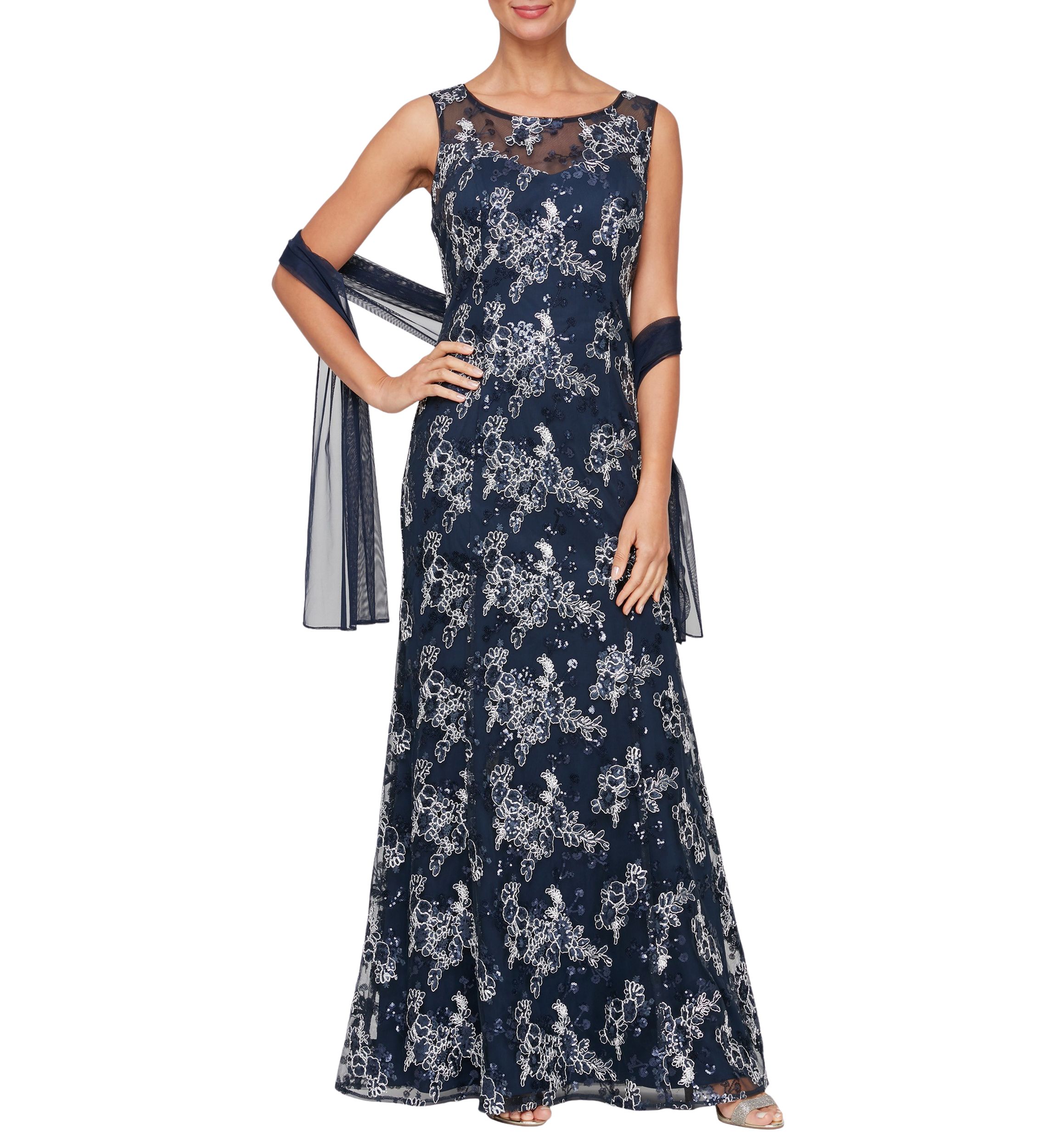 Long Embroidered  Gown with Sweetheart Illusion Neckline