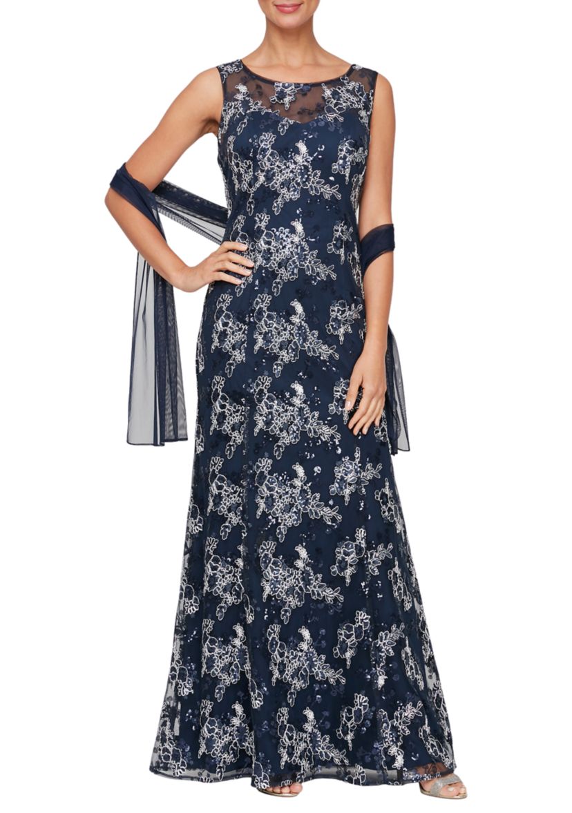 Long Embroidered  Gown with Sweetheart Illusion Neckline