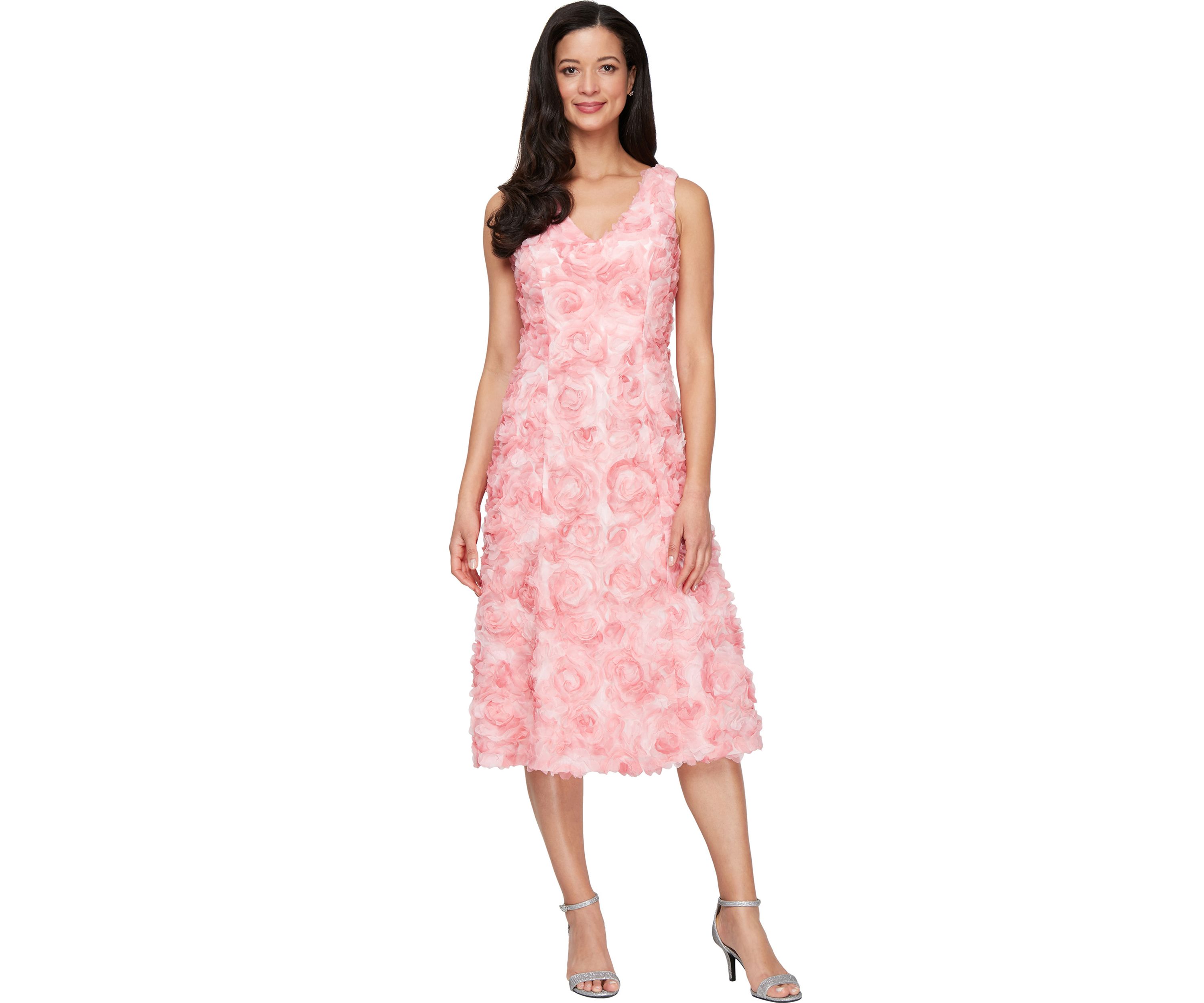 Womens Sleeveless Midi Tulle Rosette A-Line Dress