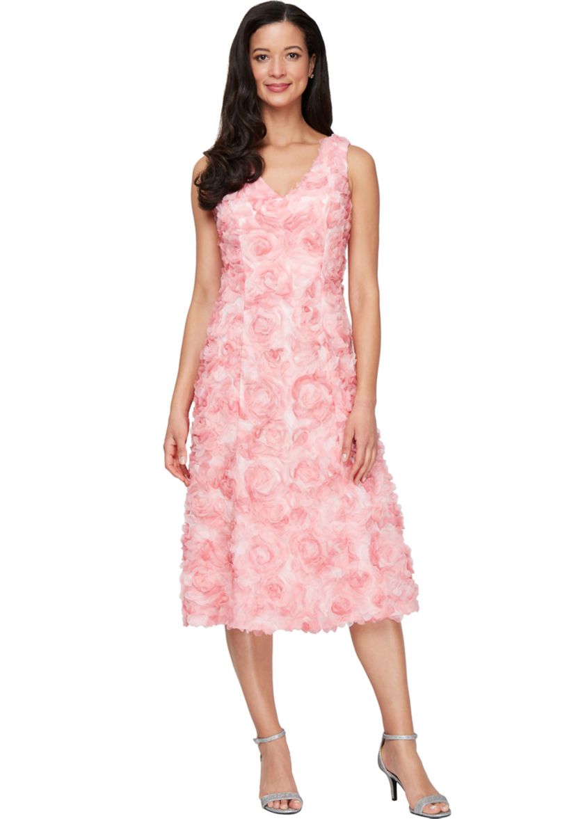 Womens Sleeveless Midi Tulle Rosette A-Line Dress