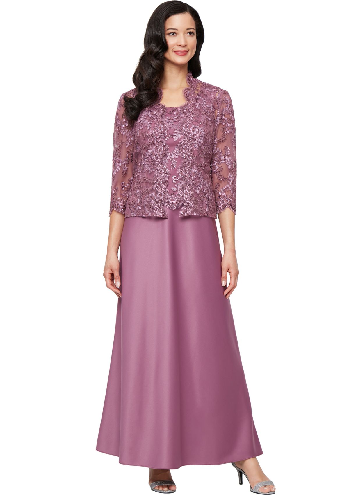 Womens Long Embroidered Tulle Mock Jacket Dress