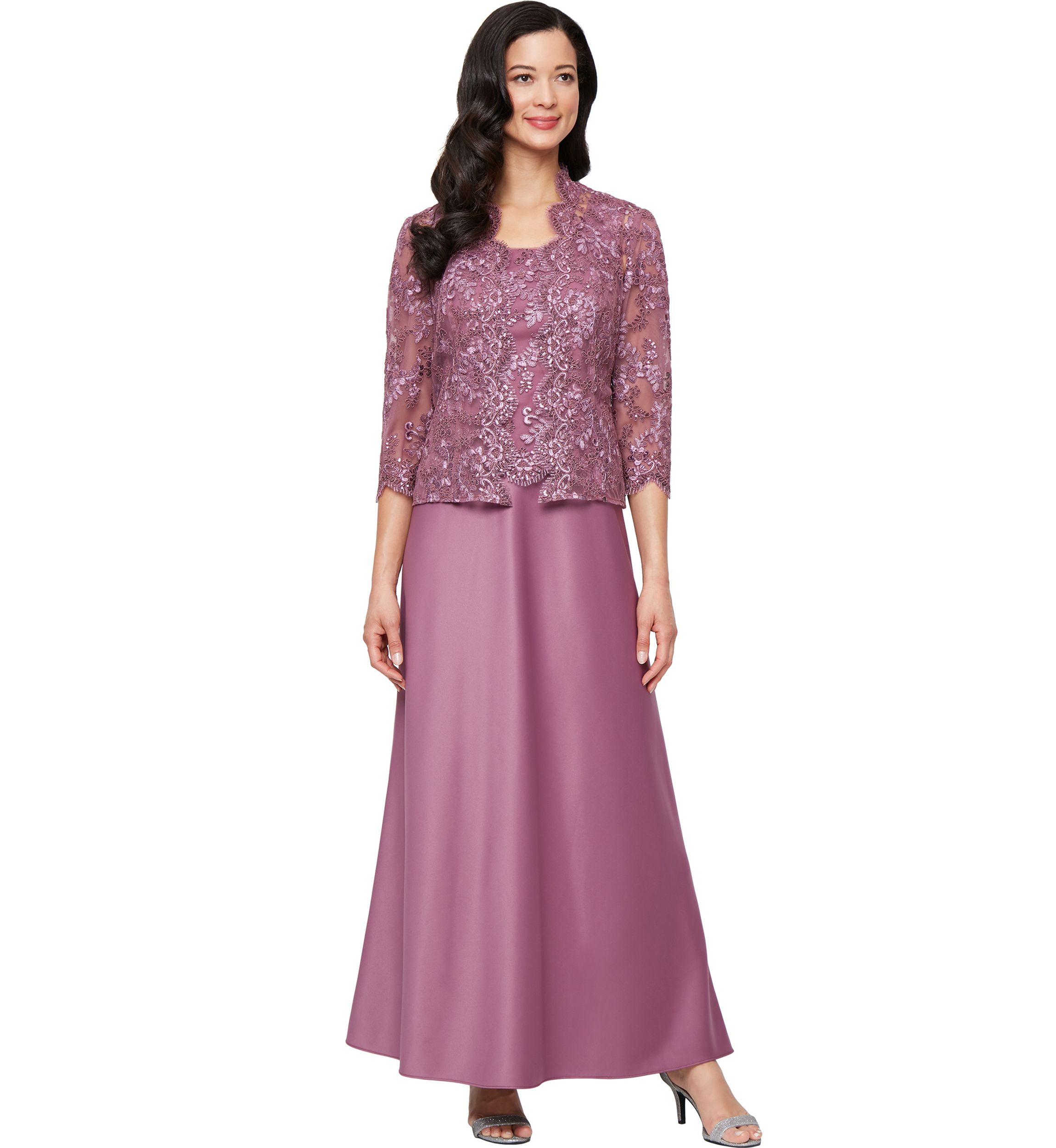 Womens Long Embroidered Tulle Mock Jacket Dress