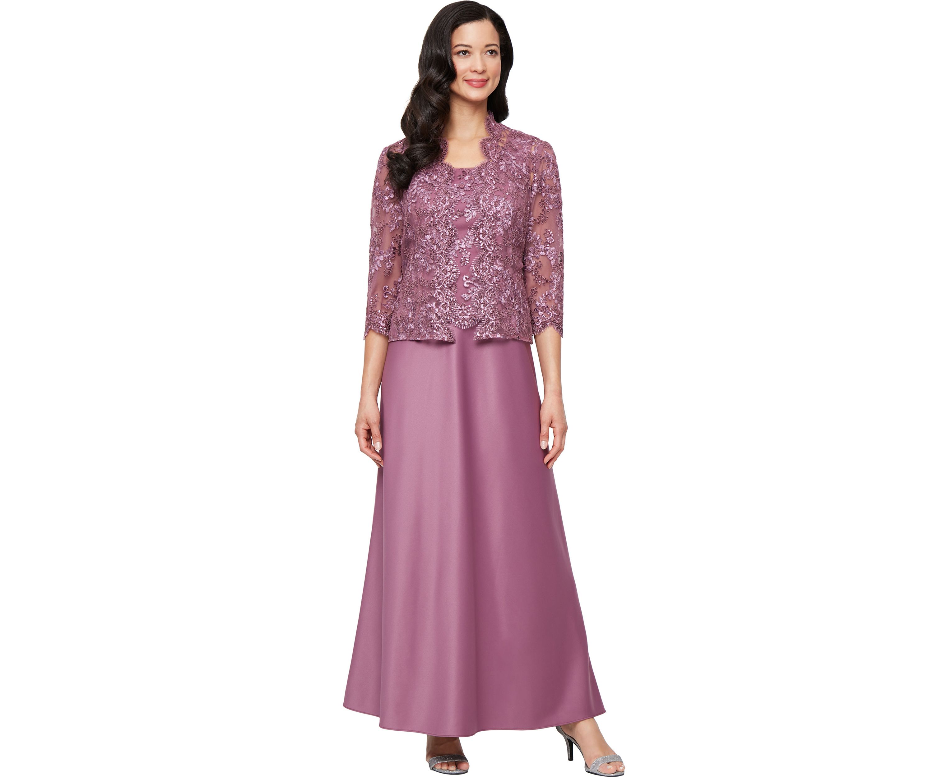 Womens Long Embroidered Tulle Mock Jacket Dress