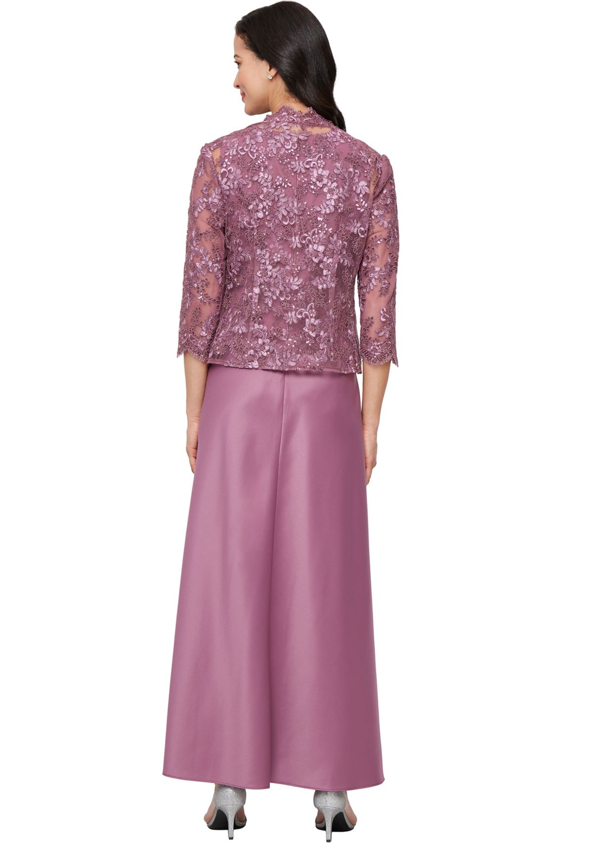 Womens Long Embroidered Tulle Mock Jacket Dress