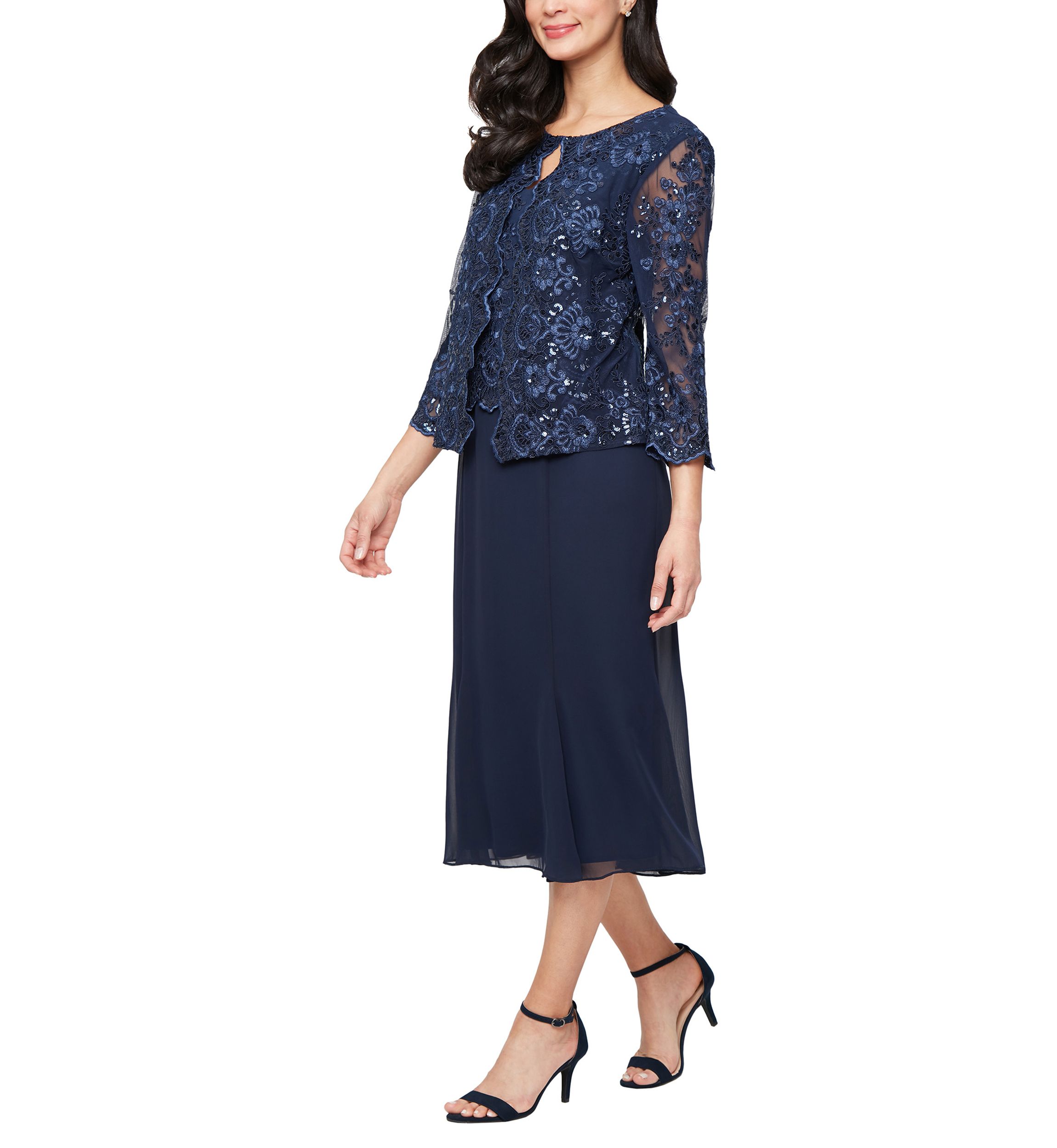 Alex Evenings Women's Midi Embroidered Tulle Mock Jacket Dress, Navy Blue, 6