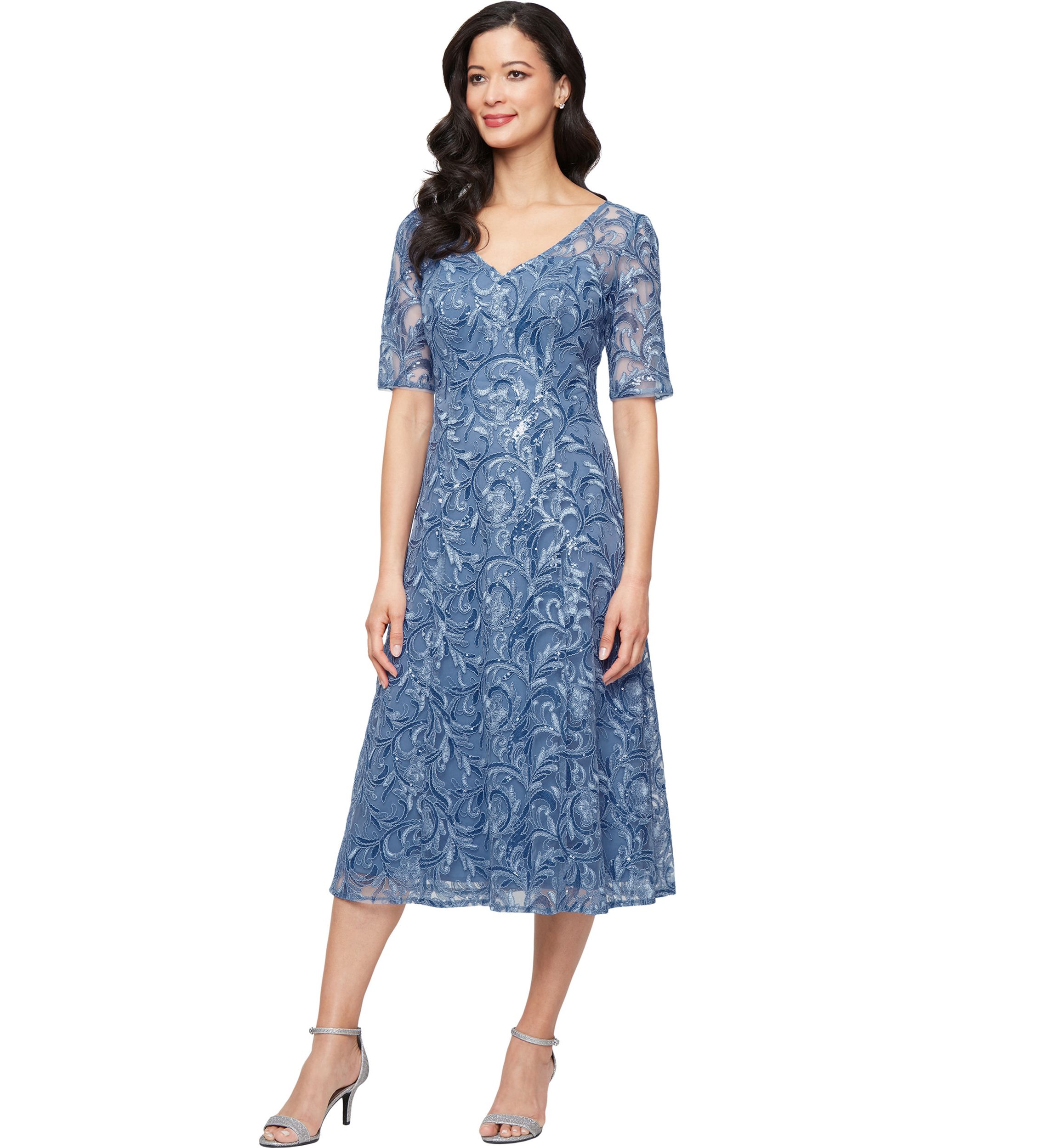 Womens Midi Embroidered Tulle V-Neck Dress