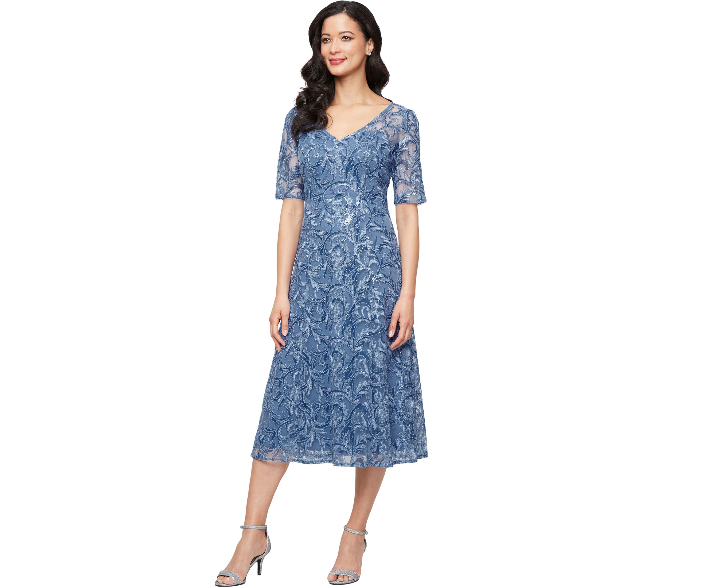 Womens Midi Embroidered Tulle V-Neck Dress