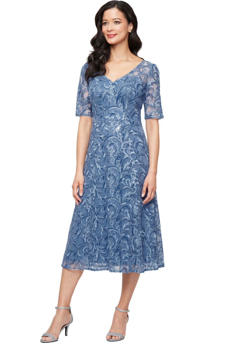 Womens Midi Embroidered Tulle V-Neck Dress