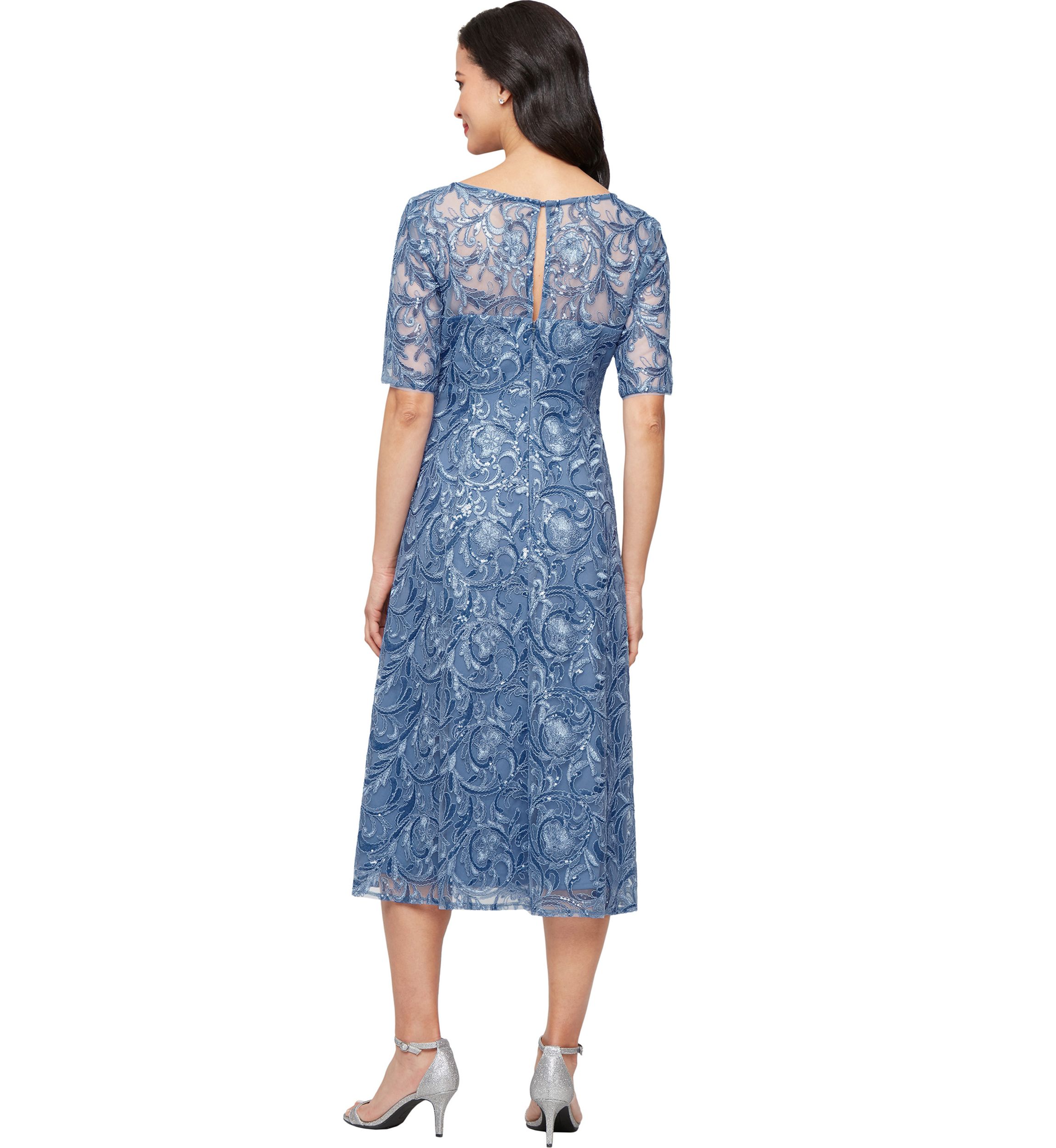Womens Midi Embroidered Tulle V-Neck Dress