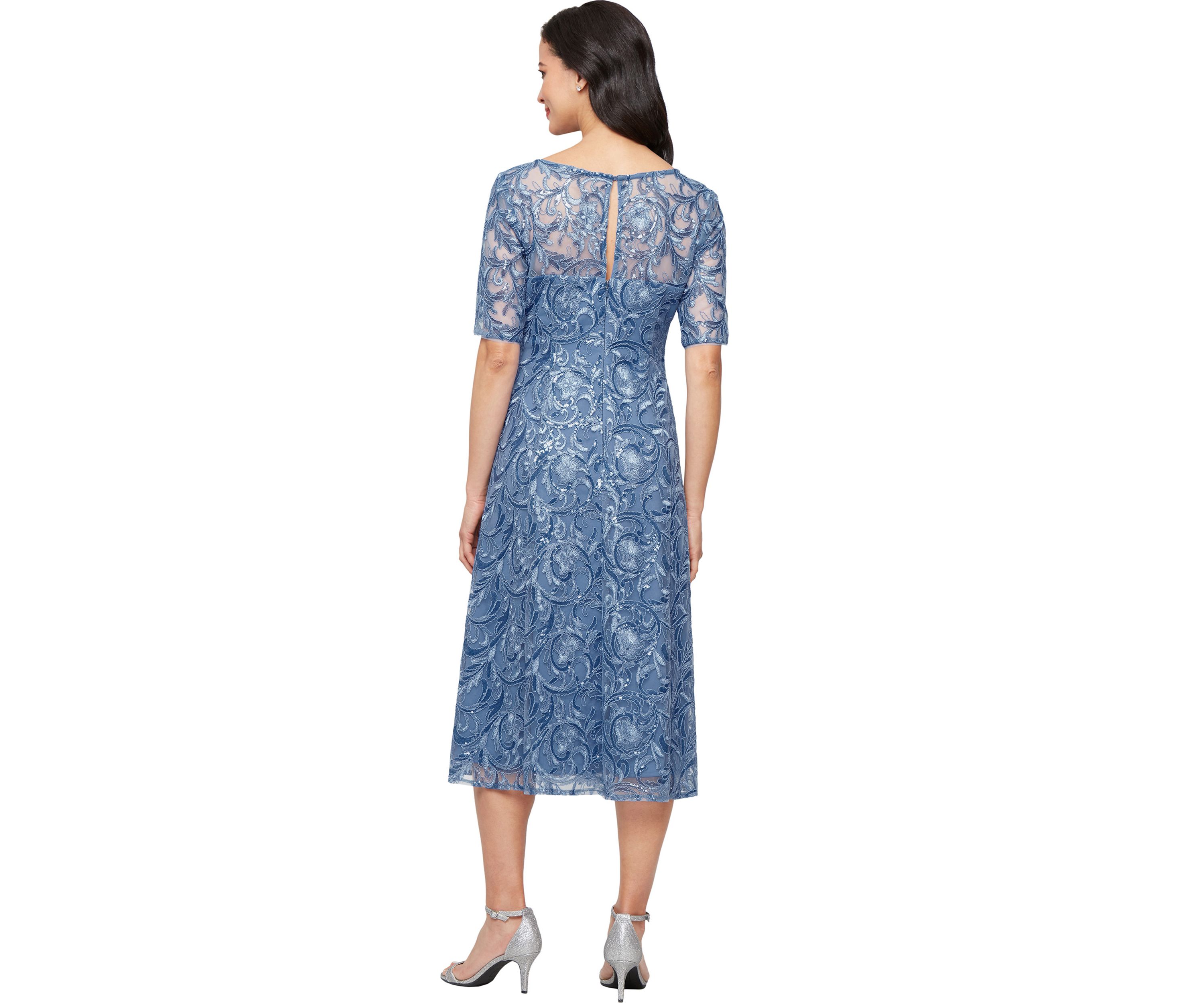Womens Midi Embroidered Tulle V-Neck Dress