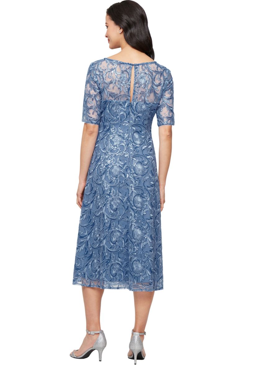 Womens Midi Embroidered Tulle V-Neck Dress