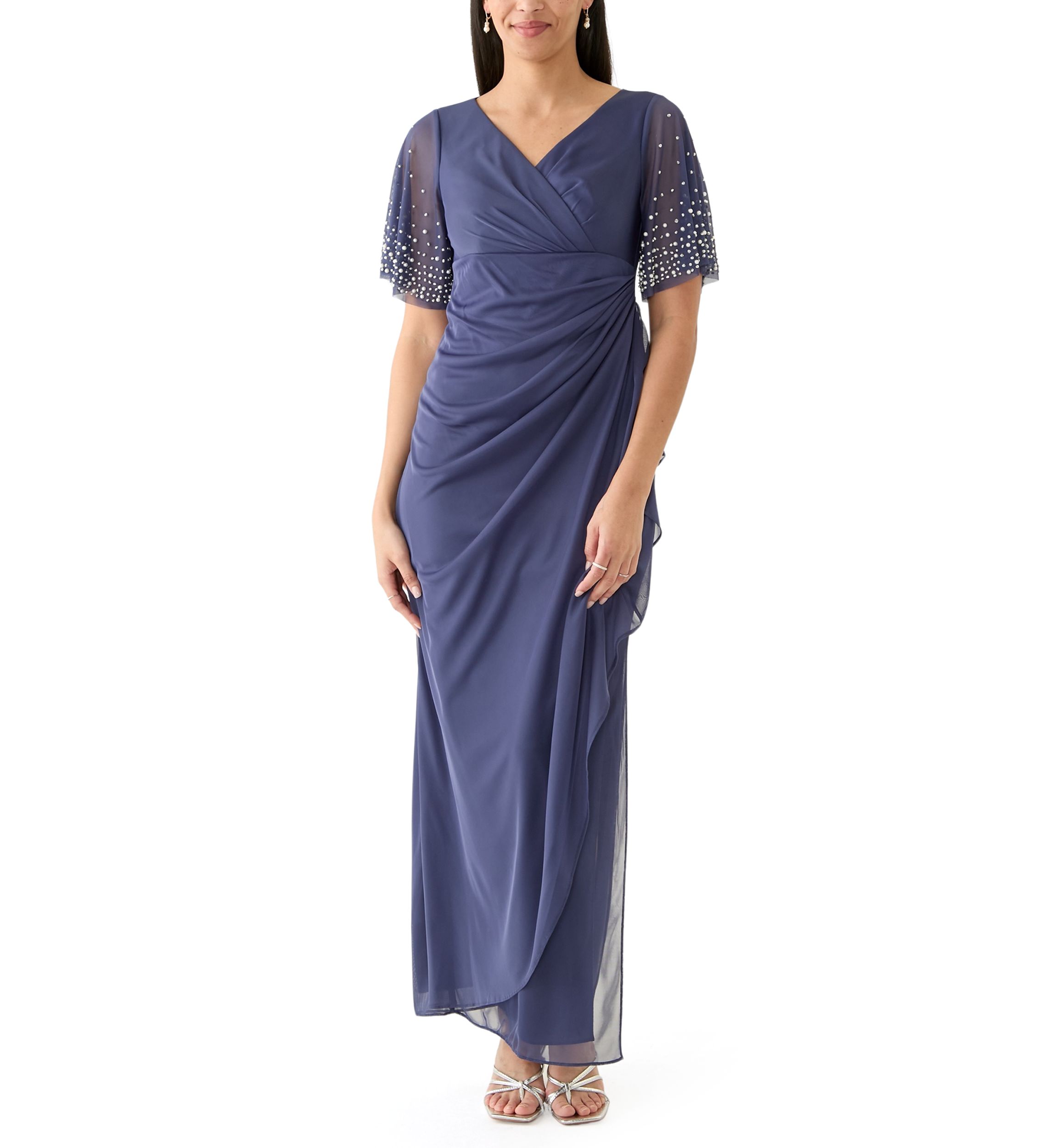 Womens Short Sleeve V-Neck Solid Ruch Chiffon Gown