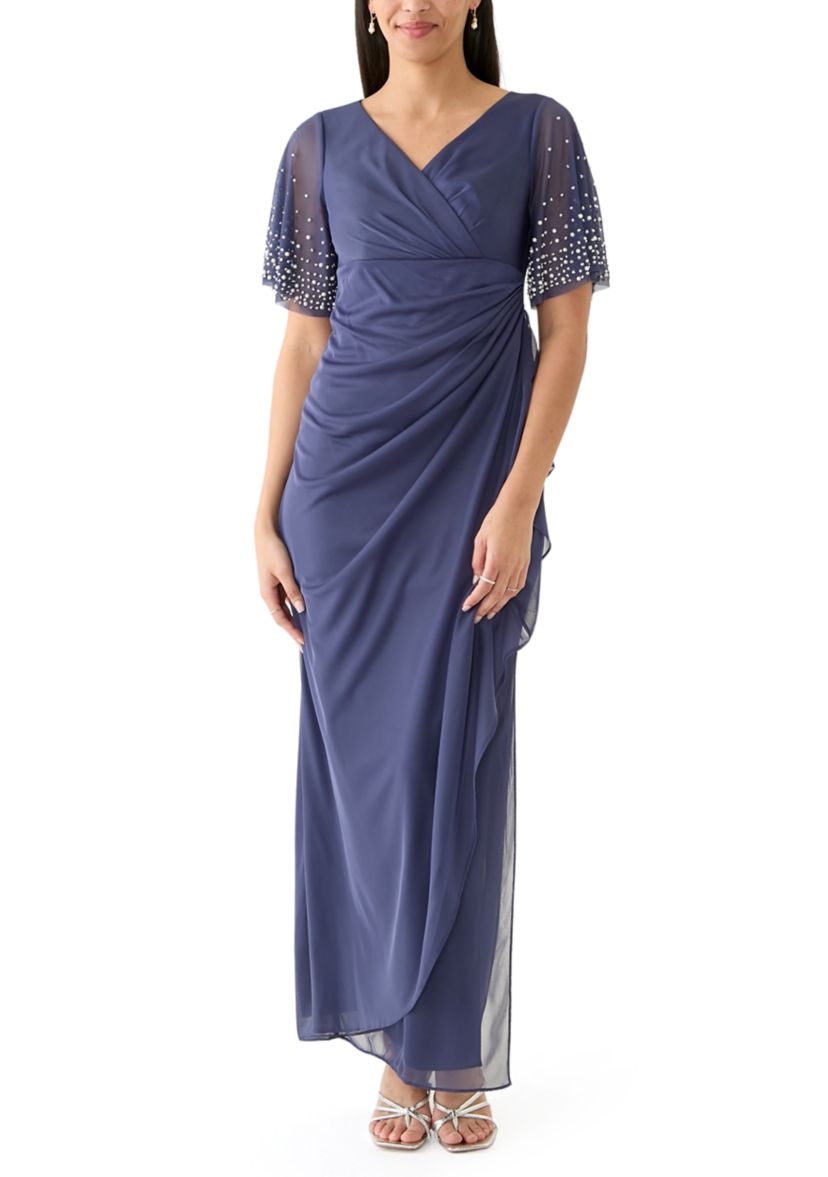 Womens Short Sleeve V-Neck Solid Ruch Chiffon Gown