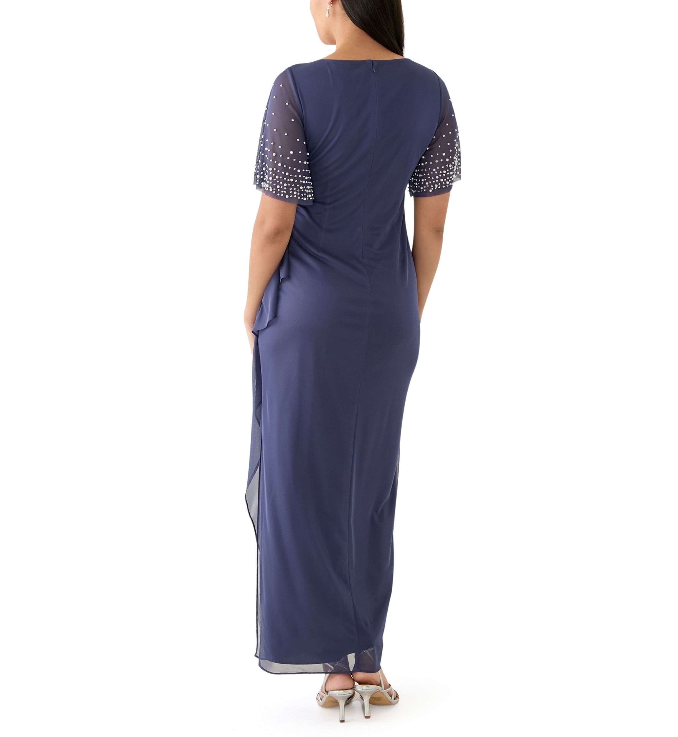 Womens Short Sleeve V-Neck Solid Ruch Chiffon Gown