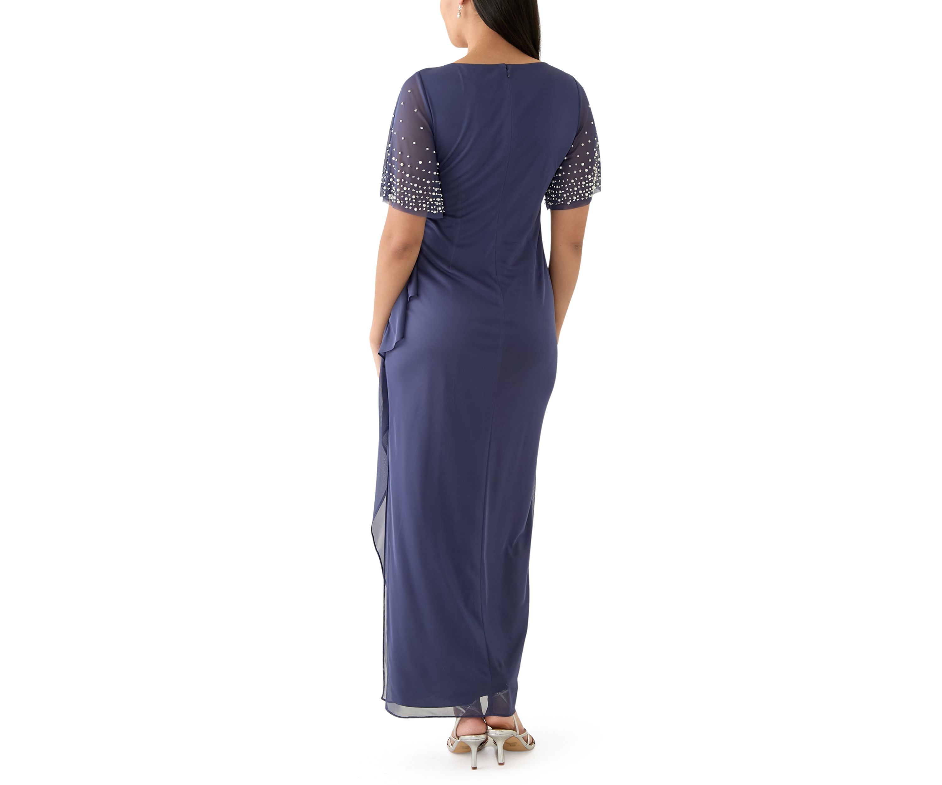 Womens Short Sleeve V-Neck Solid Ruch Chiffon Gown