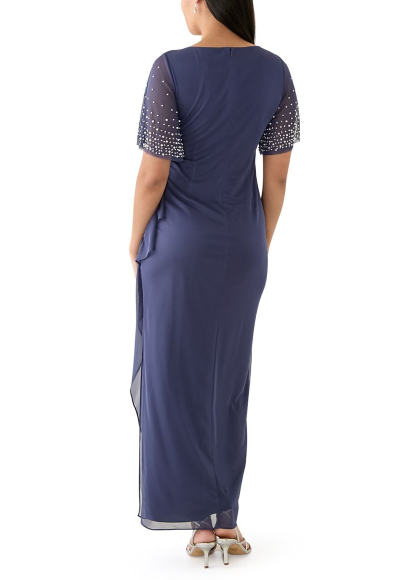 Womens Short Sleeve V-Neck Solid Ruch Chiffon Gown