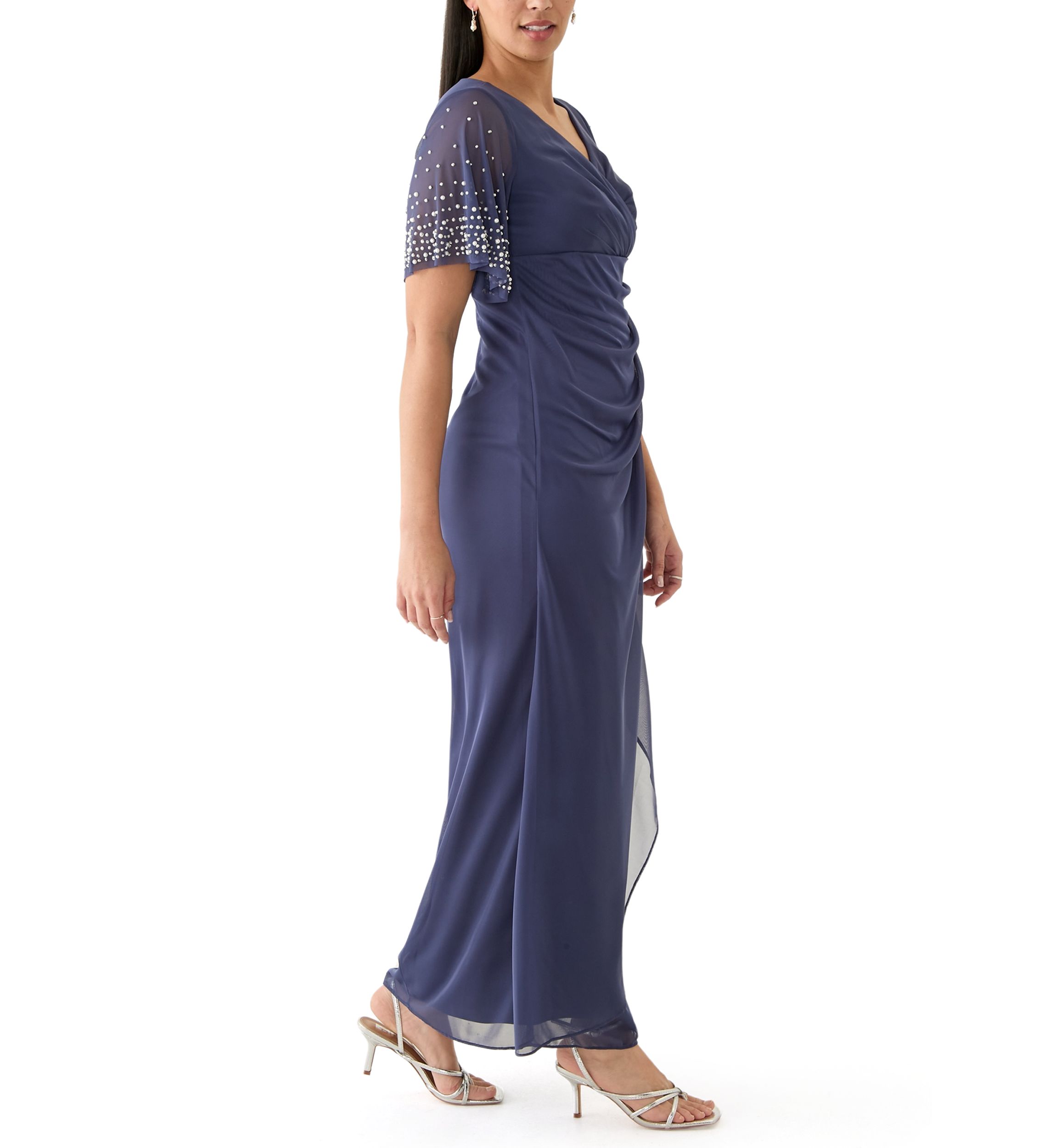 Womens Short Sleeve V-Neck Solid Ruch Chiffon Gown