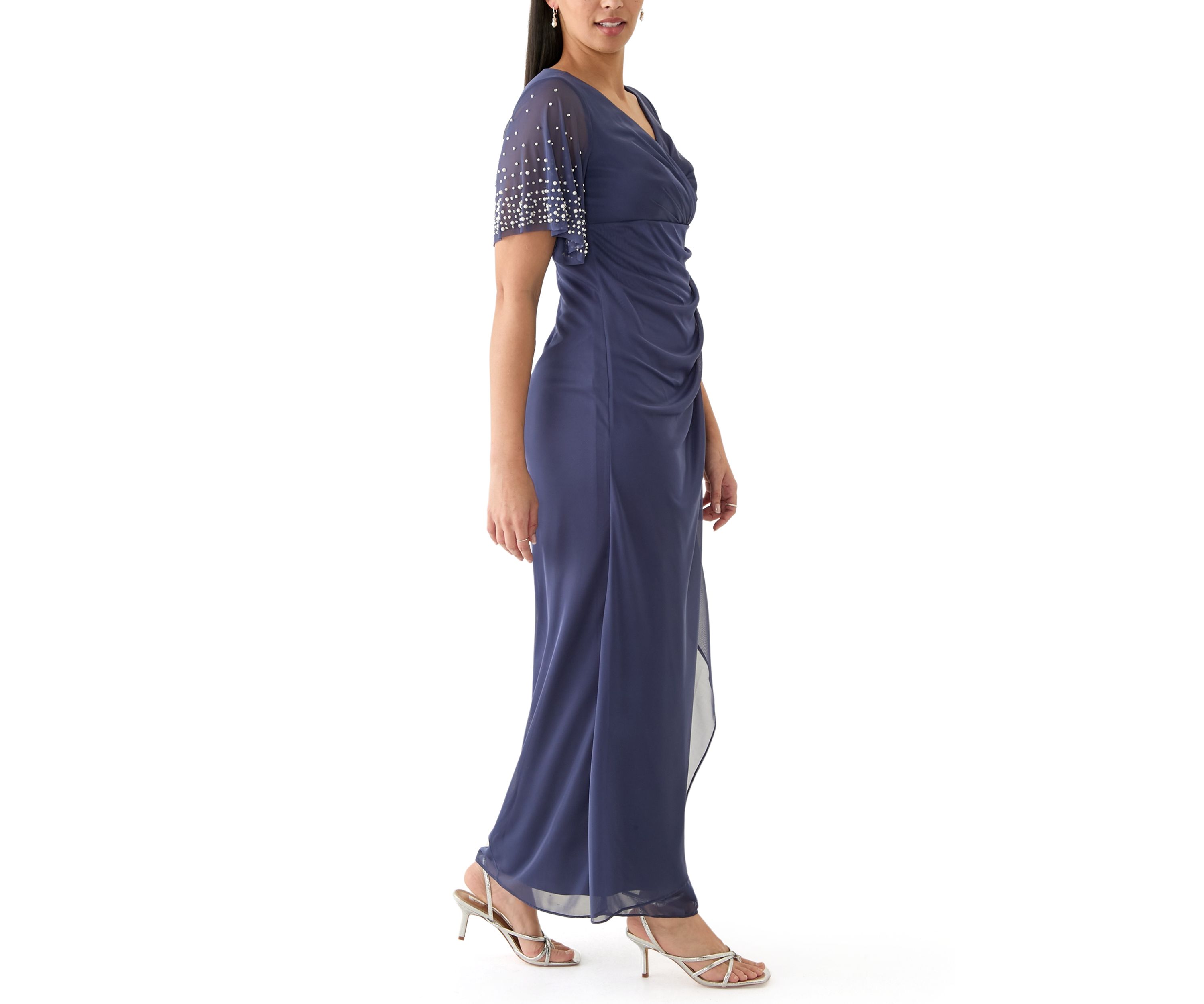 Womens Short Sleeve V-Neck Solid Ruch Chiffon Gown