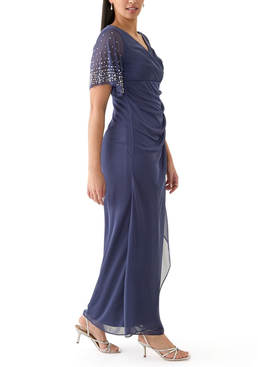 Womens Short Sleeve V-Neck Solid Ruch Chiffon Gown