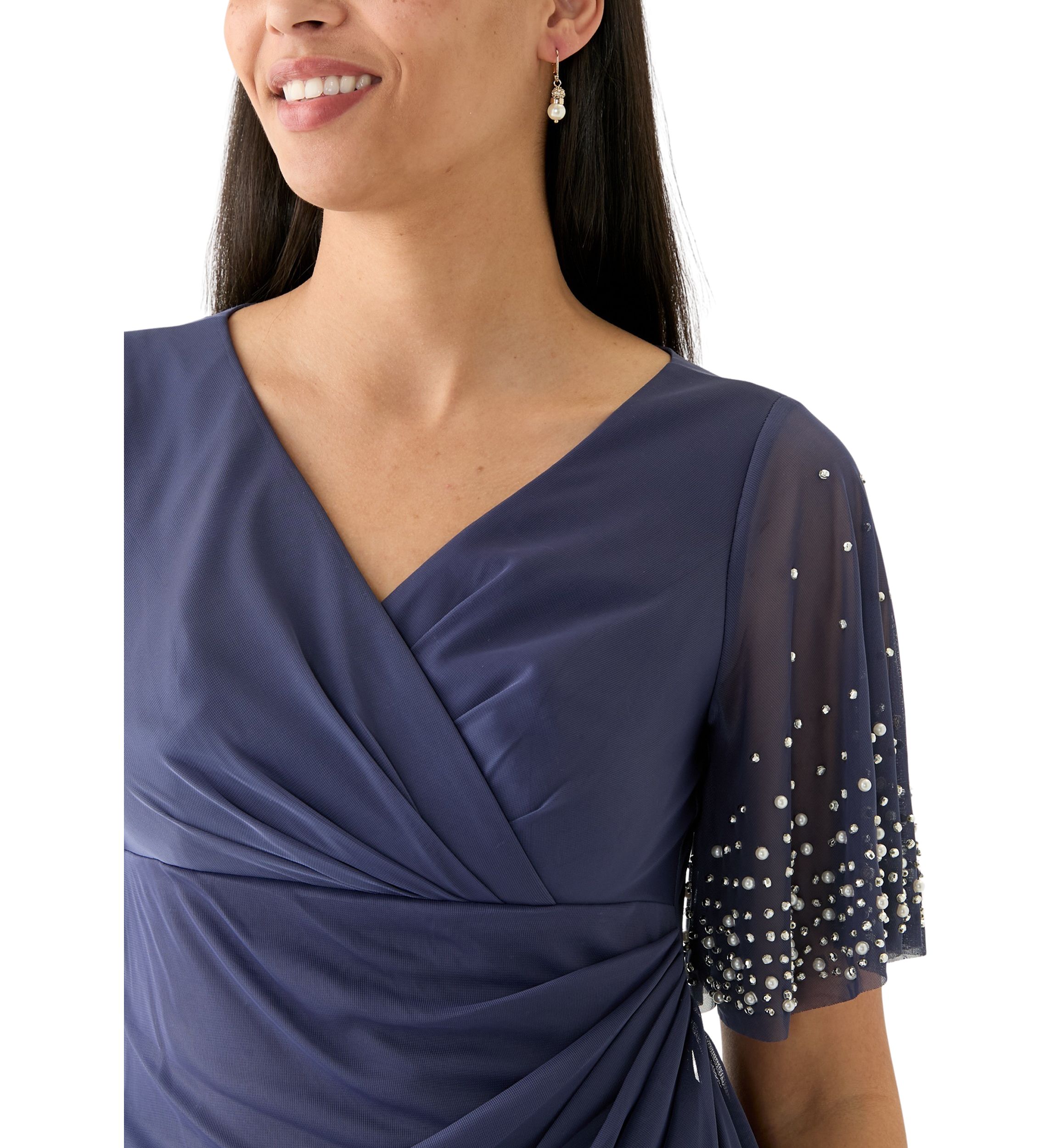 Womens Short Sleeve V-Neck Solid Ruch Chiffon Gown