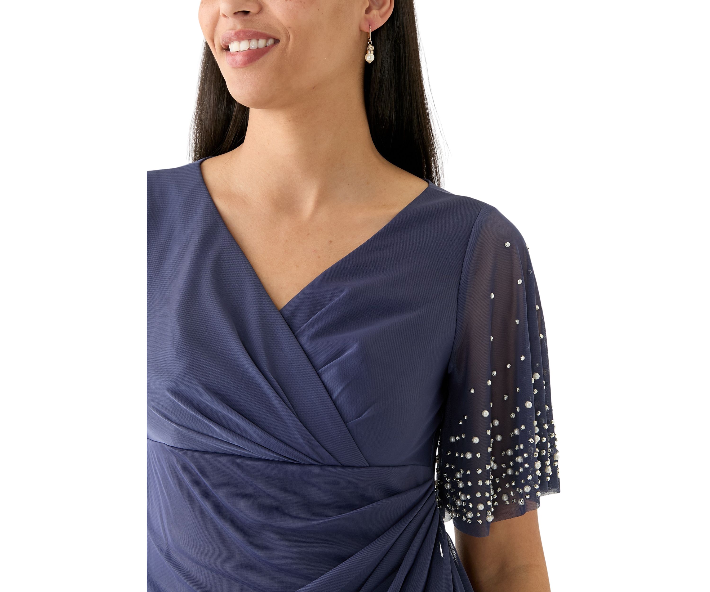 Womens Short Sleeve V-Neck Solid Ruch Chiffon Gown