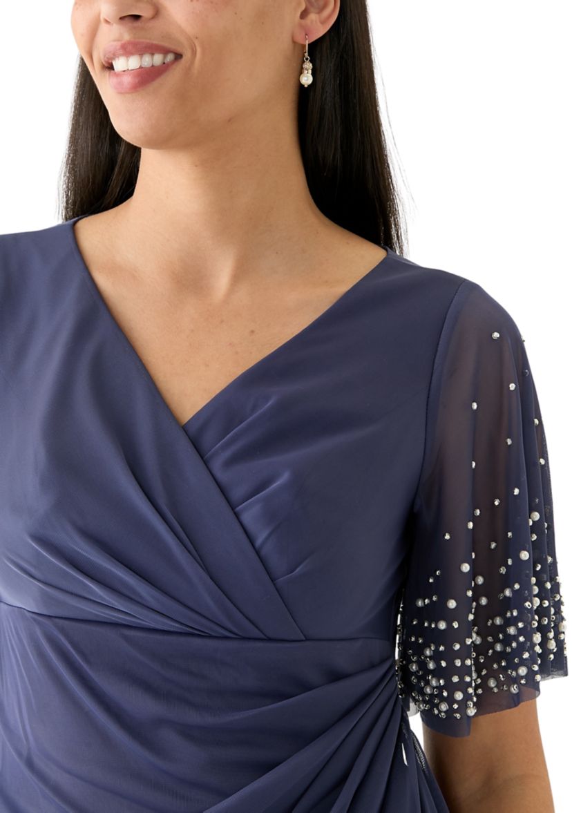 Womens Short Sleeve V-Neck Solid Ruch Chiffon Gown