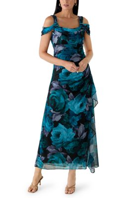 Alex Evenings Women's Printed Cold Shoulder Floral Mesh Gown