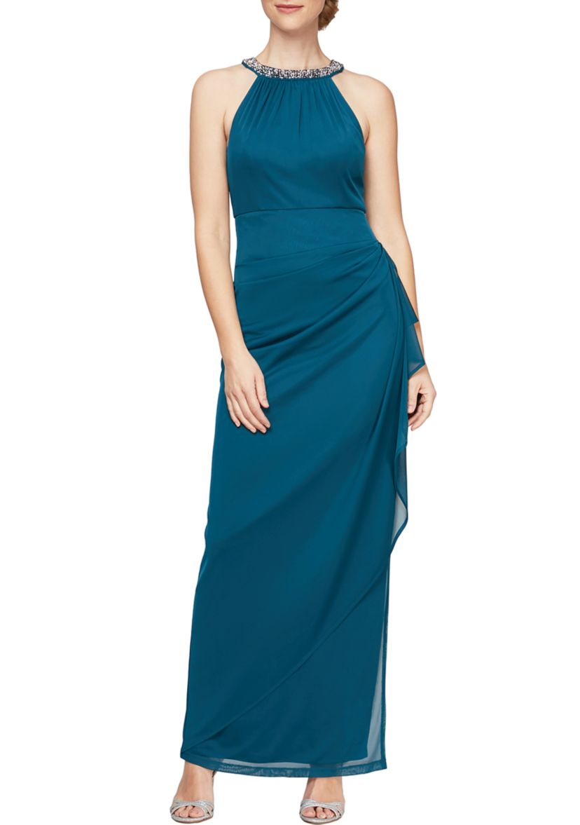 Womens Long Dress with Beaded Halter Neckline
