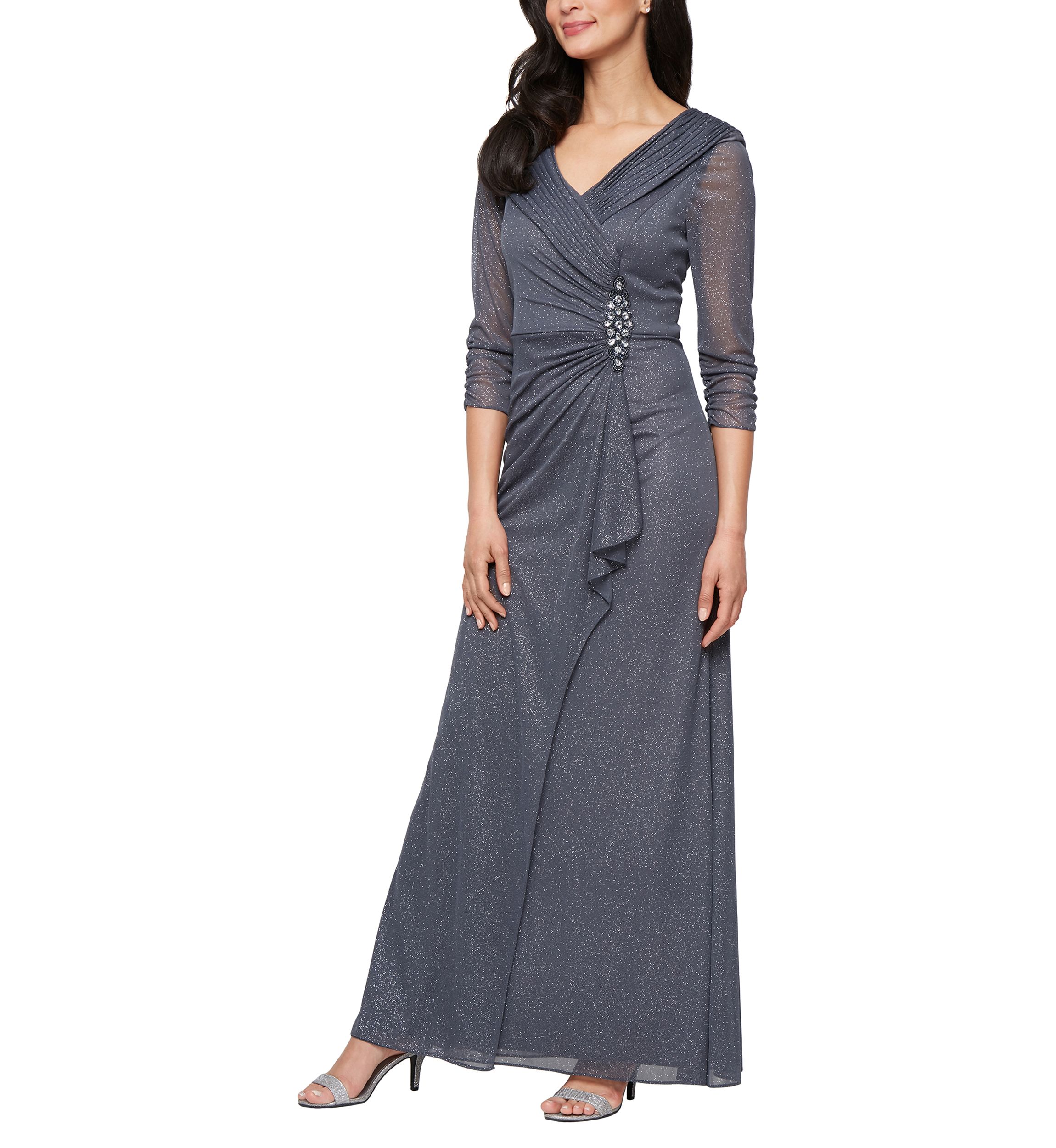 Long Portrait Collar Glitter Mesh Dress